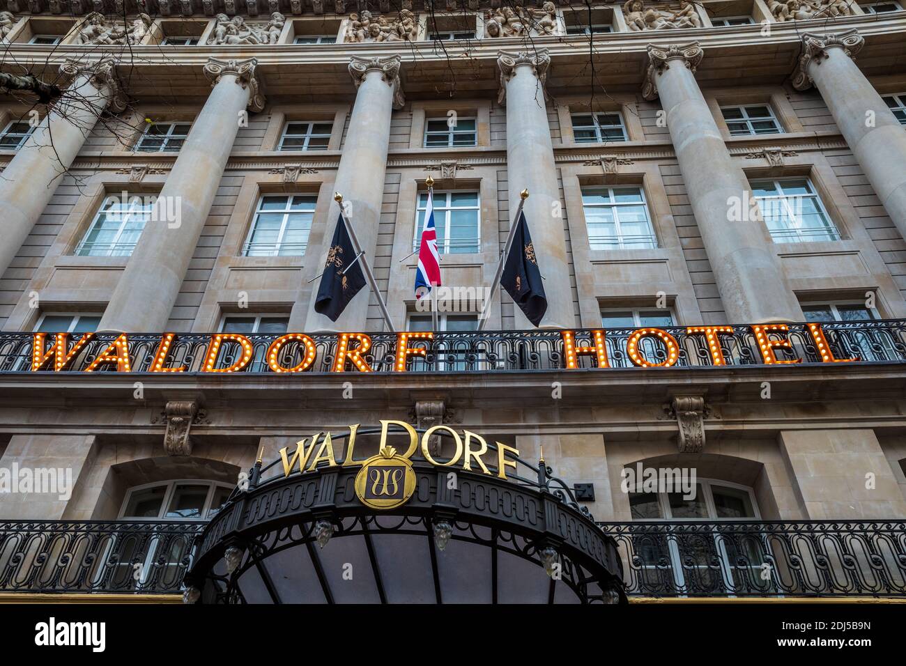 The Waldorf Hotel London - The Waldorf Hilton London - historic hotel located on Aldwych, Central London. Architect Alexander Marshall Mackenzie 1908. Stock Photo