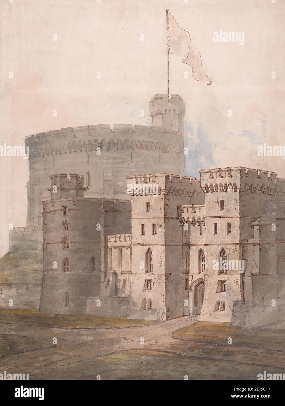 Windsor Castle, Berkshire: The Round Tower, King Edward III Tower and King George IV Gateway, Studio of Sir Jeffry Wyatville, 1766–1840, British, undated, Graphite, pen and black and brown ink, watercolor on moderately thick, slightly textured, cream wove paper, Sheet: 18 3/8 × 13 7/8 inches (46.7 × 35.2 cm), architectural subject Stock Photo