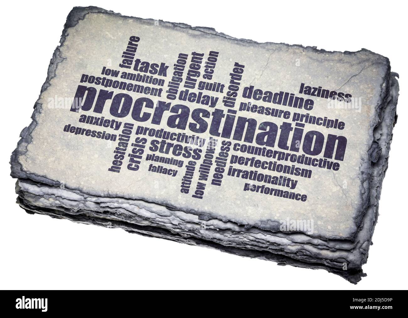 procrastination word cloud on a dark handmade paper, productivity and personal development concept Stock Photo