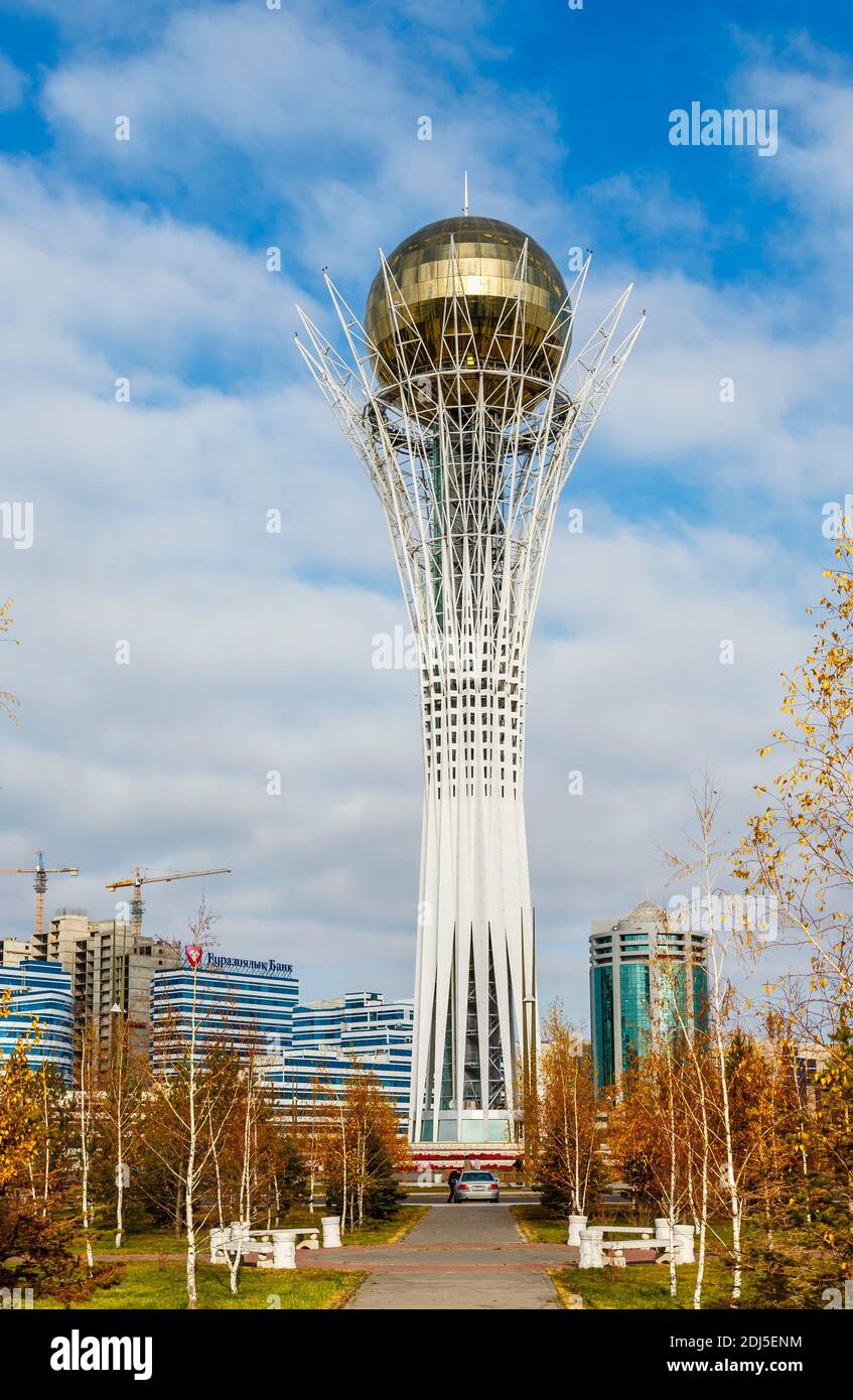 Bayterek (Baiterek) Tower an iconic monument and observation tower emblematic of Nur-Sultan (formerly Astana), capital city, Kazakhstan, central Asia Stock Photo