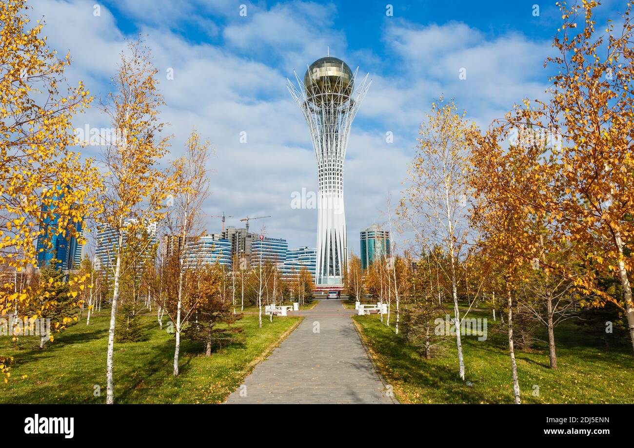 Bayterek (Baiterek) Tower an iconic monument and observation tower emblematic of Nur-Sultan (formerly Astana), capital city, Kazakhstan, central Asia Stock Photo