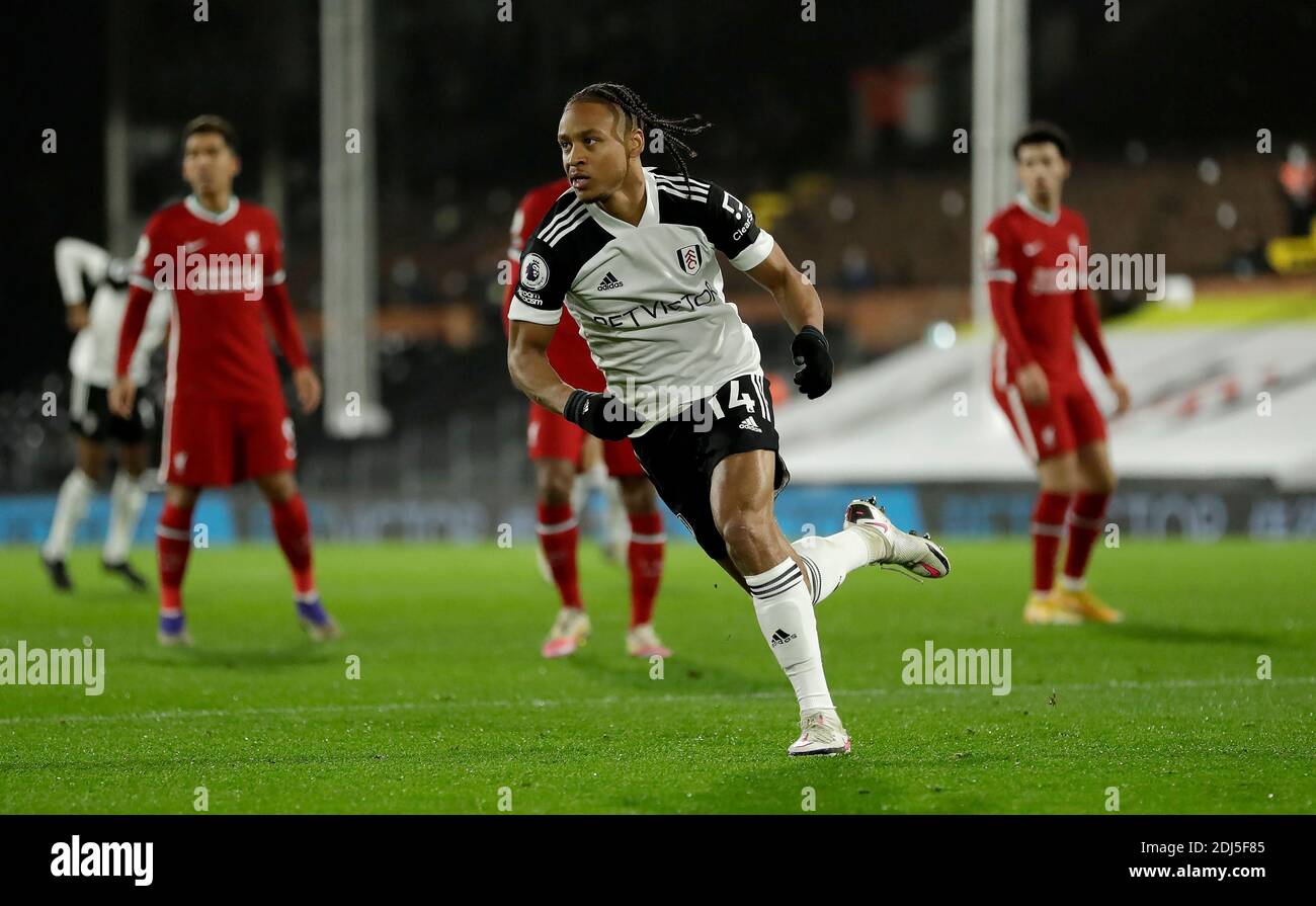 Fulham's Bobby Decordova-Reid celebrates scoring his side's first goal of the game during the Premier League match at Craven Cottage, London. Stock Photo