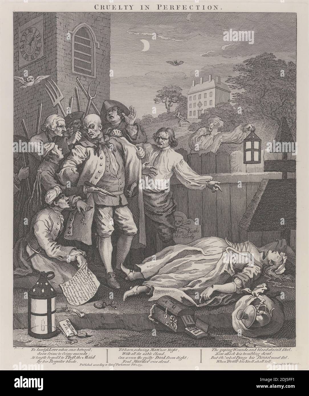 The Third Stage of Cruelty: Cruelty in Perfection - The Murder, Print made by William Hogarth, 1697–1764, British, 1751, printed 1790, Line engraving on thick, white, smooth wove paper, Sheet: 24 7/8 x 19 1/4 inches (63.2 x 48.9 cm), Plate: 15 1/4 x 12 3/4 inches (38.7 x 32.4 cm), and Image: 14 x 11 3/4 inches (35.6 x 29.8 cm), bat, cemetery, cruelty, dagger, death, genre subject, grave, graveyard, headstone, house, knife, lantern, men, moon, murder, night, owl, tombstone, topiary, torture, trees Stock Photo