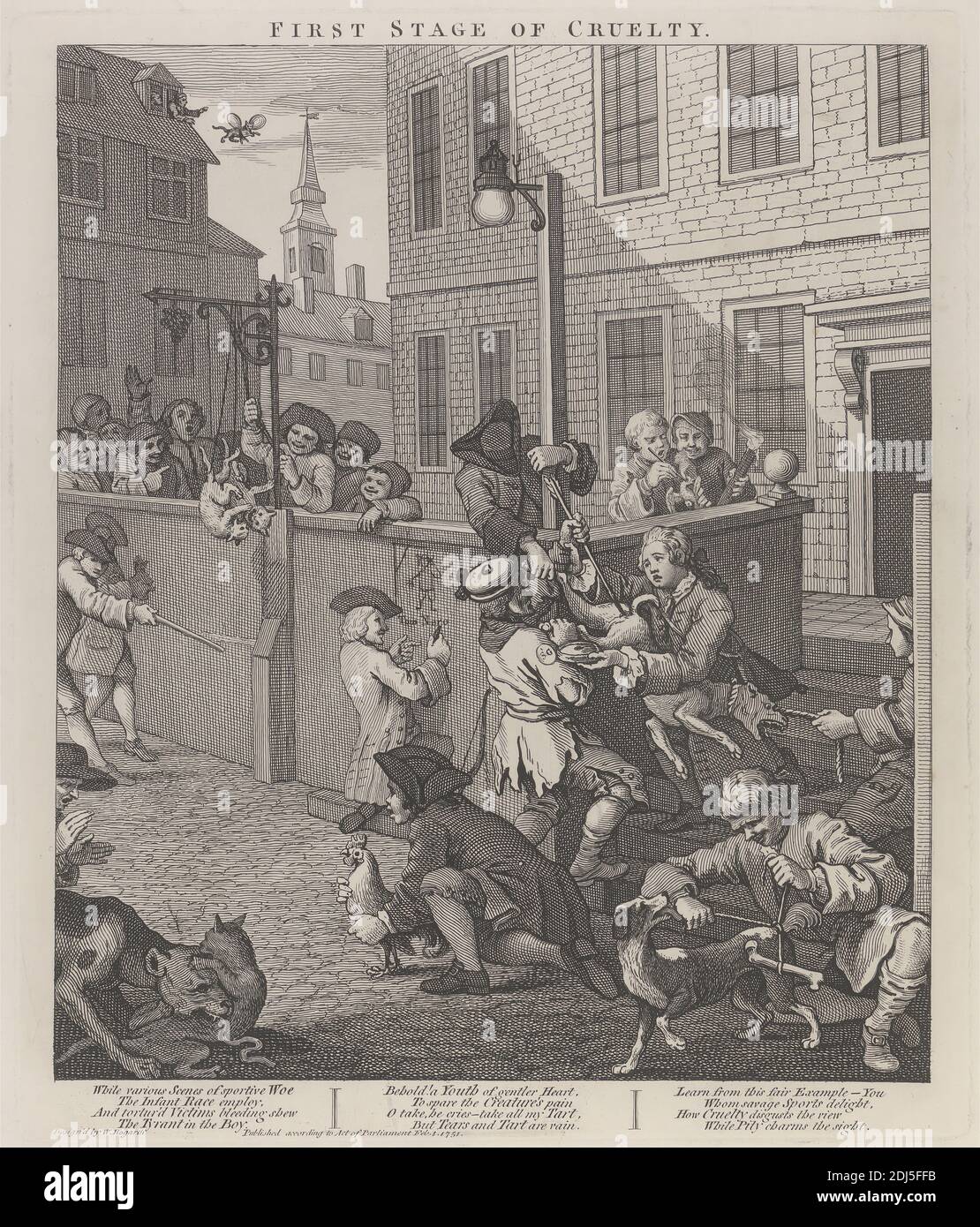The First Stage of Cruelty: Children Torturing Animals, Print made by William Hogarth, 1697–1764, British, 1751, printed 1790, Line engraving on thick, white, smooth wove paper, Sheet: 24 7/8 x 19 1/4 inches (63.2 x 48.9 cm), Plate: 15 1/4 x 12 3/4 inches (38.7 x 32.4 cm), and Image: 14 x 11 3/4 inches (35.6 x 29.8 cm), balloon, bone, cats (domestic cats), children, church, cruelty, dogs (animals), genre subject, lamppost, parish, rooster, steeple, street, torture, violence, England, Europe, London, St Giles, United Kingdom Stock Photo
