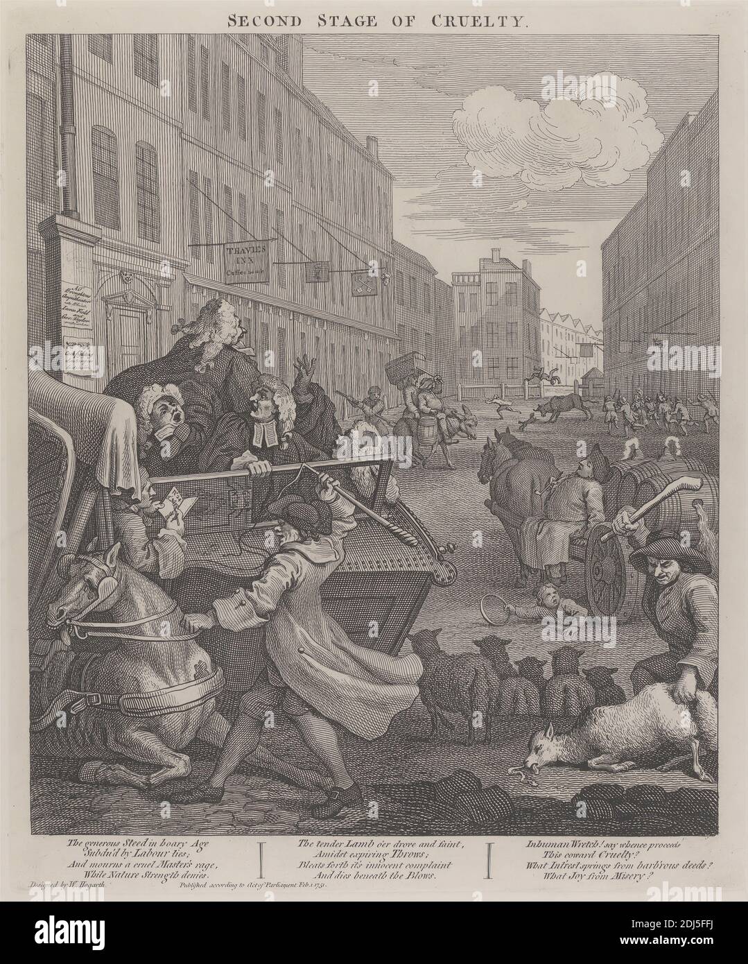 The Second Stage of Cruelty: Coachman Beating a Fallen Horse, Print made by William Hogarth, 1697–1764, British, 1751, printed 1790, Line engraving on thick, white, smooth wove paper, Sheet: 24 7/8 x 19 1/4 inches (63.2 x 48.9 cm), Plate: 15 1/4 x 12 3/4 inches (38.7 x 32.4 cm), and Image: 13 3/4 x 11 7/8 inches (34.9 x 30.2 cm), barrels, bull, cart, cityscape, coach, coachman, cruelty, donkey, genre subject, greed, horse (animal), inn, lawyers, men, sheep, signs, street, tavern, torture, violence, Welsh, England, Europe, London, United Kingdom Stock Photo