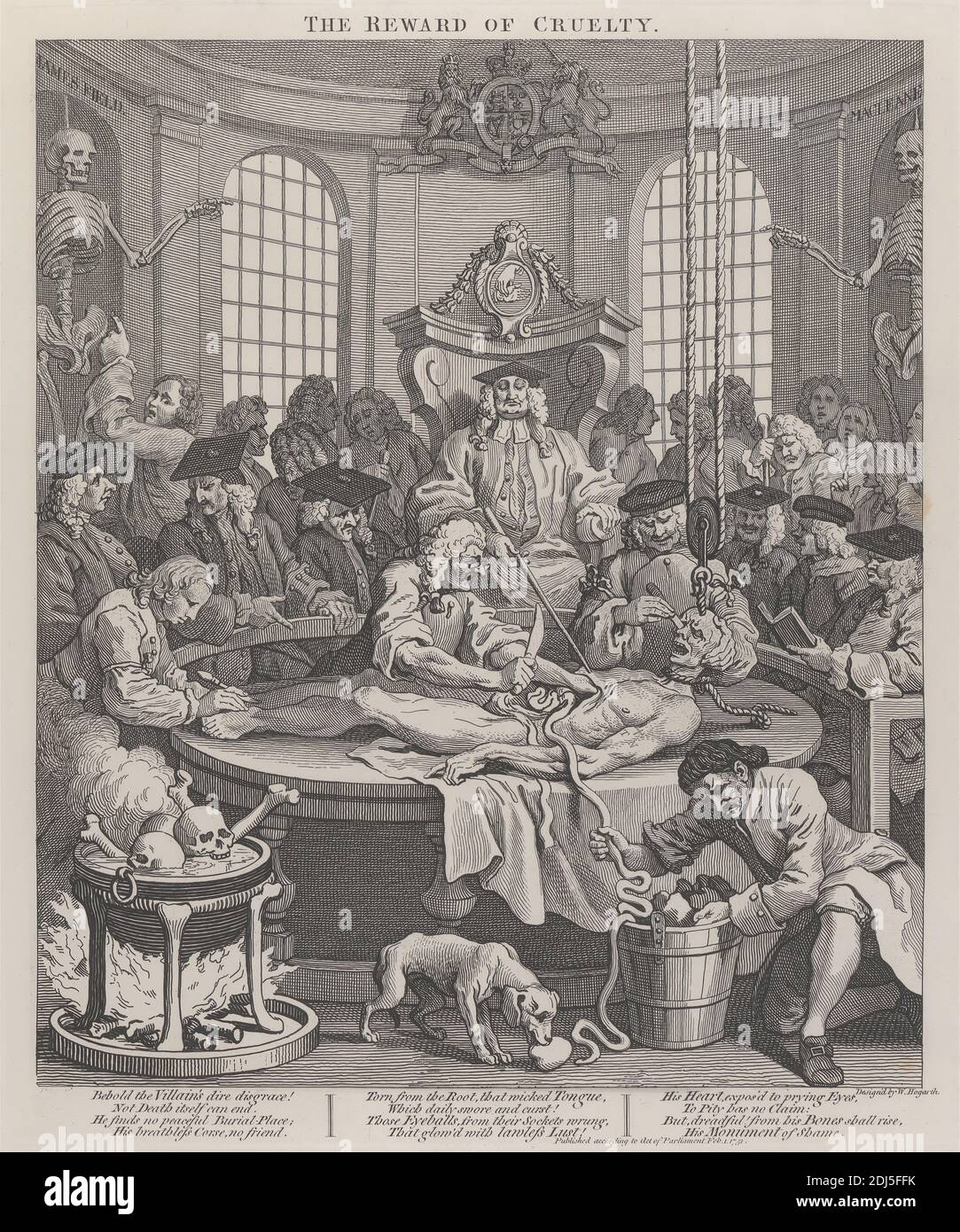 The Fourth Stage of Cruelty: The Reward of Cruelty, Print made by William Hogarth, 1697–1764, British, 1751, printed 1790, Line engraving on thick, white, smooth wove paper, Sheet: 24 7/8 x 19 1/4 inches (63.2 x 48.9 cm), Plate: 15 1/4 x 12 3/4 inches (38.7 x 32.4 cm), and Sheet: 14 x 11 3/4 inches (35.6 x 29.8 cm), anatomical study, anatomy, bones (material), cruelty, dog (animal), fire, genre subject, knife, lecture, medicine, men, mortar boards, rope, school, science, skeletons, skull, torture, water Stock Photo