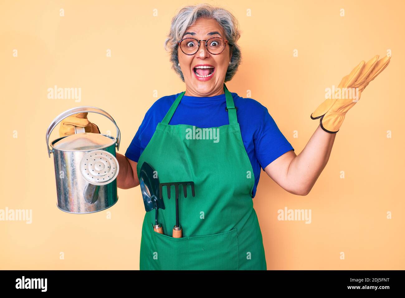 Senior hispanic grey- haired woman wearing gardener apron and gloves ...