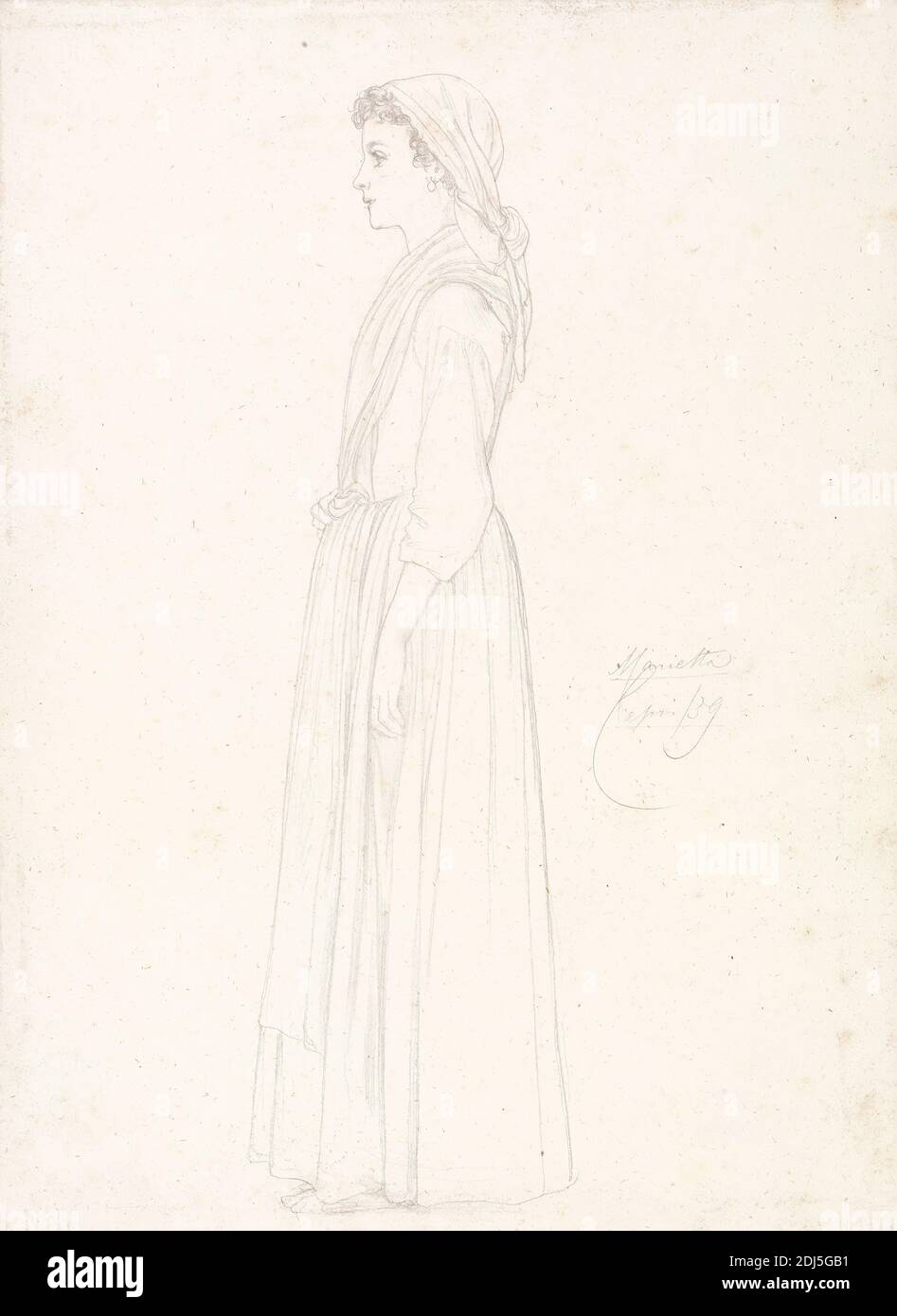 Marietta, Capri, Frederic Leighton, 1830–1896, British, 1859, Graphite on medium, slightly textured, cream wove paper, Sheet: 10 5/8 × 8 inches (27 × 20.3 cm), portrait Stock Photo