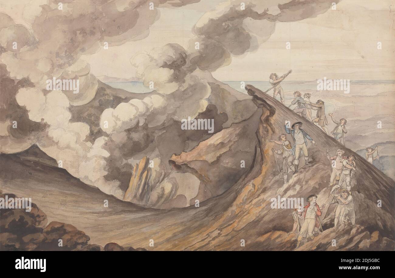 The Ascent of Vesuvius, Henry Tresham, 1751–1814, British, 1785 to 1790, Watercolor and graphite on medium, slightly textured, cream laid paper, Sheet: 17 5/8 x 27 5/8 inches (44.8 x 70.2 cm), ash, climbers, clouds, genre subject, geology, hats, hiking, landscape, men, rocks (landforms), science, smoke, steam, sticks, tourism, travelers, volcano, Europe, Italy, Vesuvius Stock Photo