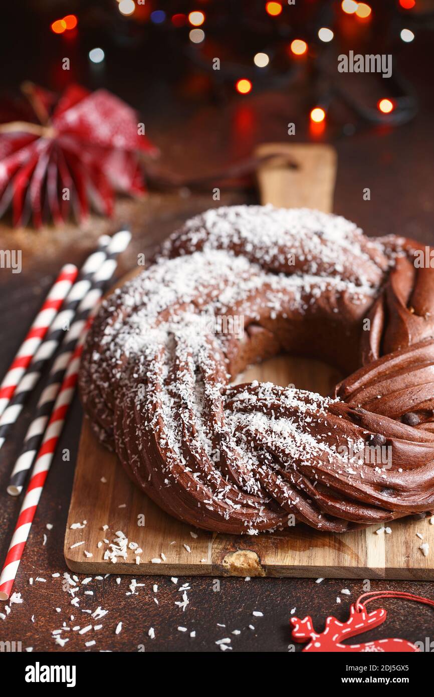 Sweet Bread Wreath. Chocolate brioche garland with coconut flakes