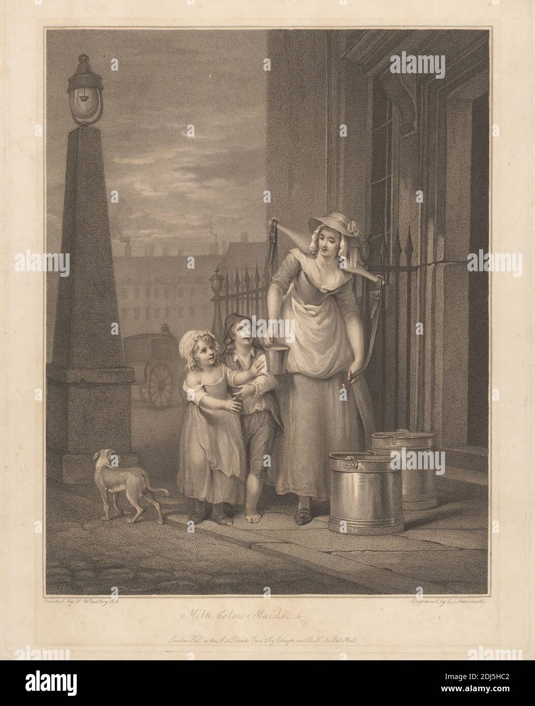 Milk Below Maids, Luigi Schiavonetti, 1765–1810, Italian, after Francis Wheatley, 1747–1801, British, 1793, Aquatint, Sheet: 17 x 13 1/2 inches (43.2 x 34.3 cm), Plate: 16 3/8 x 13 inches (41.6 x 33 cm), and Image: 14 1/4 x 11 1/8 inches (36.2 x 28.3 cm Stock Photo