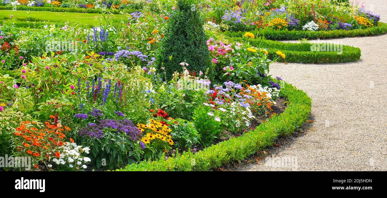 Lush flower beds in the summer garden. A bright sunny day.Wide photo ...