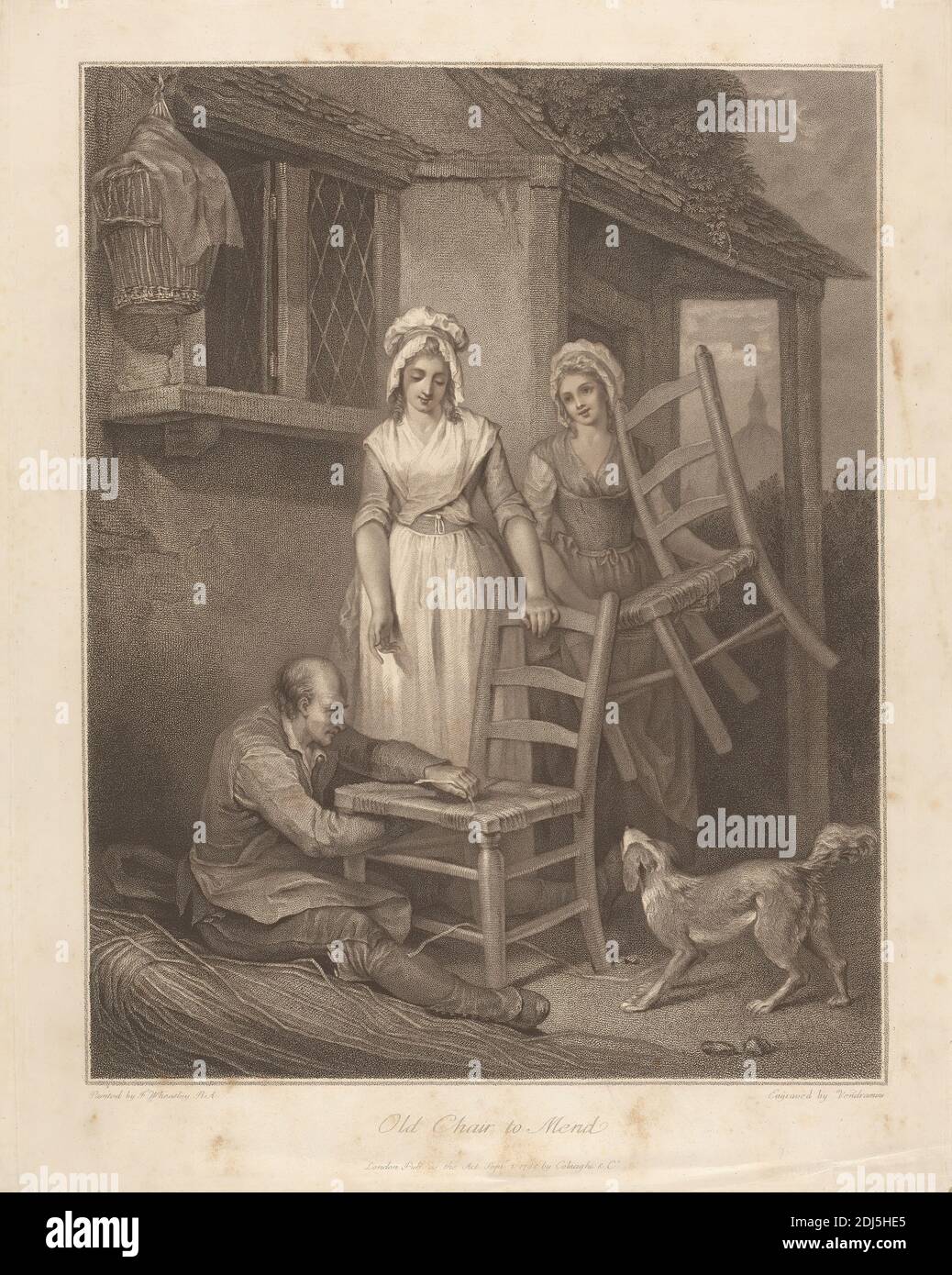 Old Chair to Mend, Giovanni Vendramini, 1769–1839, Italian, after Francis Wheatley, 1747–1801, British, 1795, Aquatint, Sheet: 17 1/4 x 13 3/4 inches (43.8 x 34.9 cm), Plate: 16 1/2 x 12 7/8 inches (41.9 x 32.7 cm), and Image: 14 1/4 x 11 1/8 inches (36.2 x 28.3 cm Stock Photo