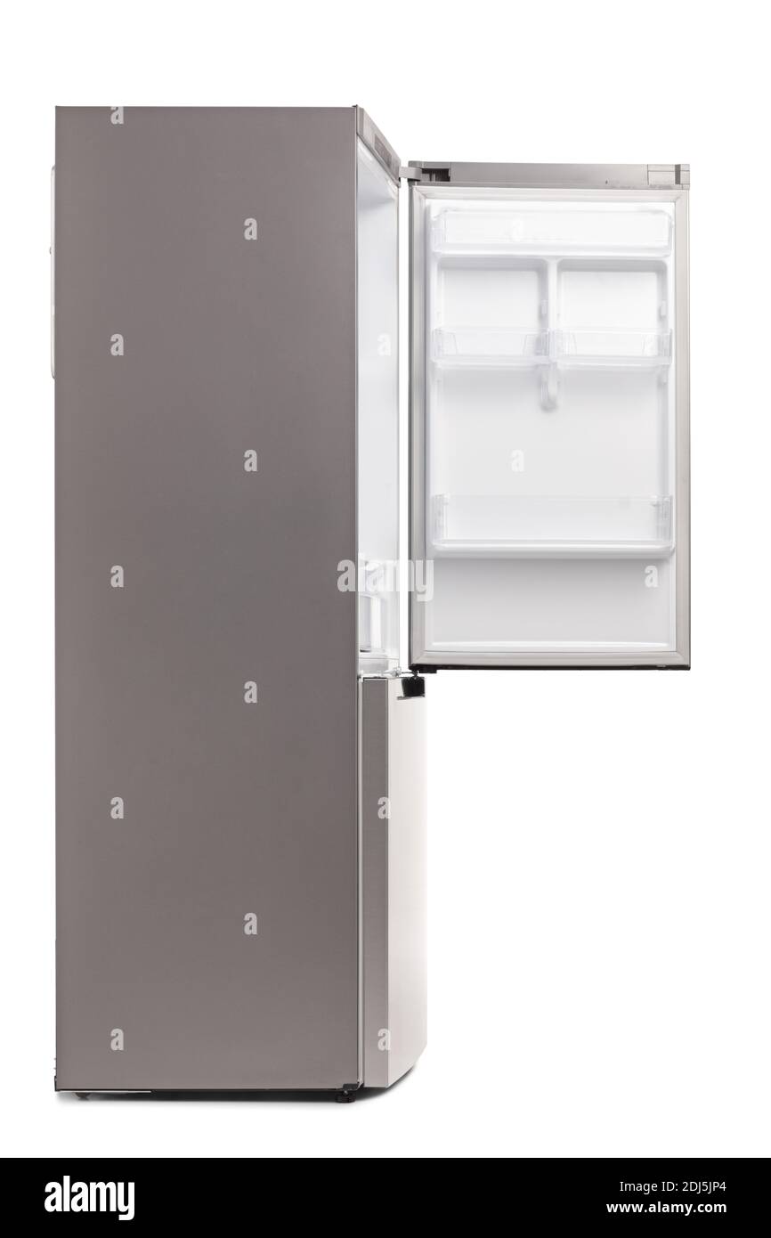 Side shot of an empty fridge with an open door isolated on white background Stock Photo