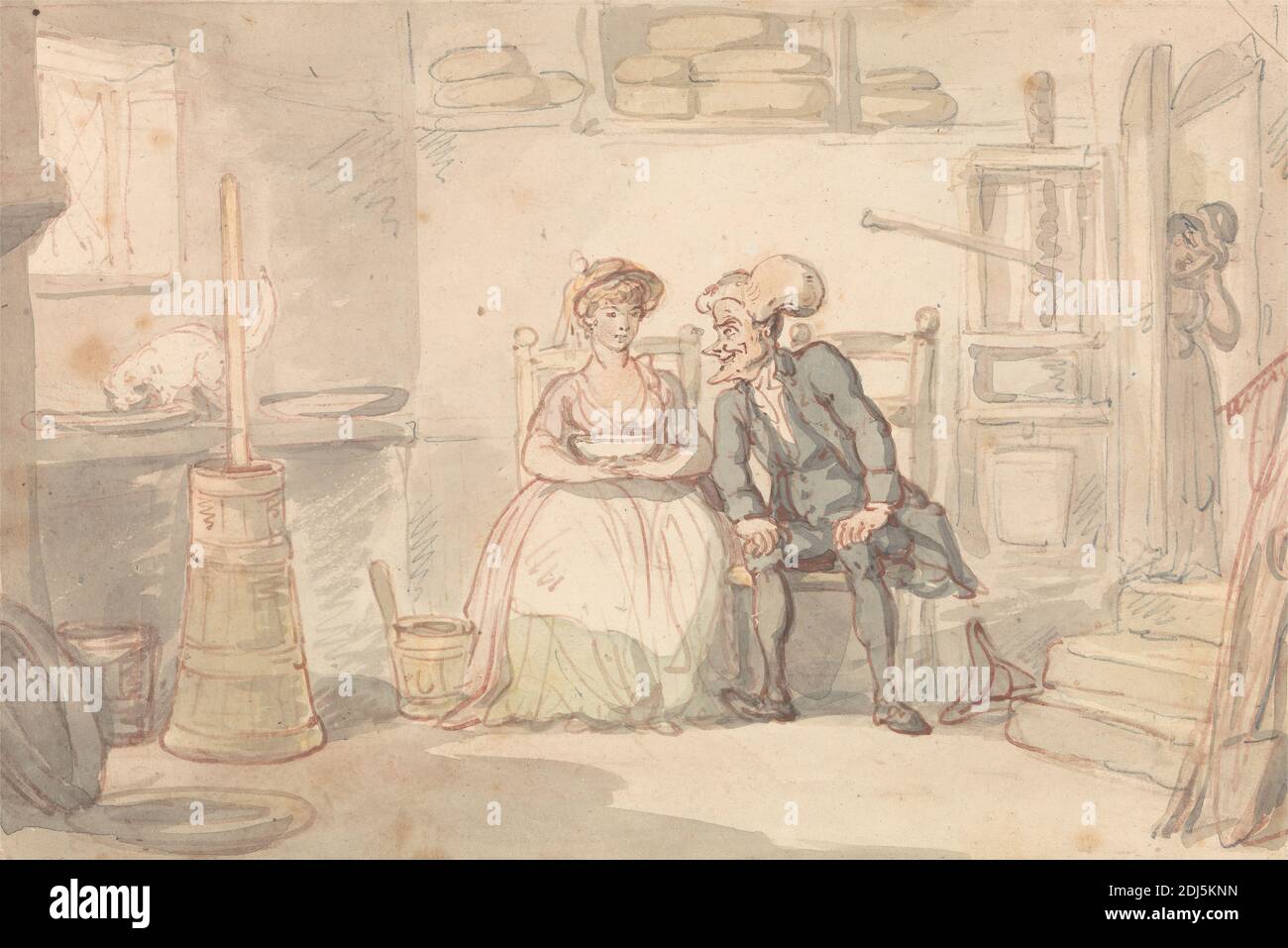 Dr Syntax & Dairymaid, Thomas Rowlandson, 1756–1827, British, 1821, Watercolor with pen and red ink and graphite on medium, slightly textured, cream wove paper mounted on moderately thick, slightly textured, cream wove paper, Mount: 8 11/16 x 11 1/4 inches (22.1 x 28.6 cm) and Sheet: 5 5/16 x 7 13/16 inches (13.5 x 19.8 cm), bucket (vessel), butter churns, cat (domestic cat), dairymaids, dishes, doorway, elderly, genre subject, hat, interior, kitchen, man, shelves, hanging, shovel, stairs, Table - mixing, window, woman, youth Stock Photo