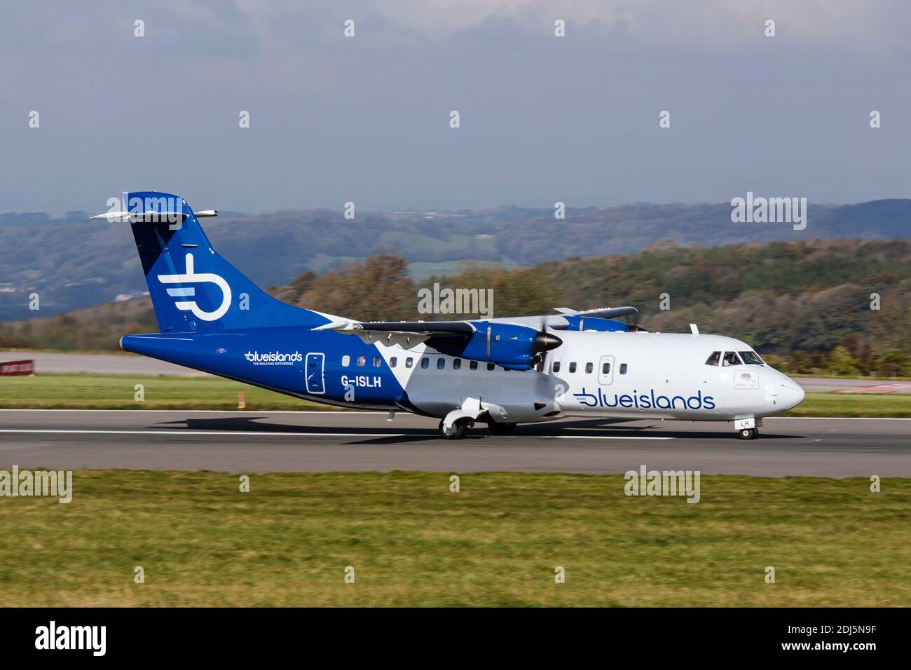 G-ISLH ATR 42 of Blue Islands Airlines of the Channel Islands departing  from Bristol International Airport to Jersey & Guernsey Stock Photo - Alamy