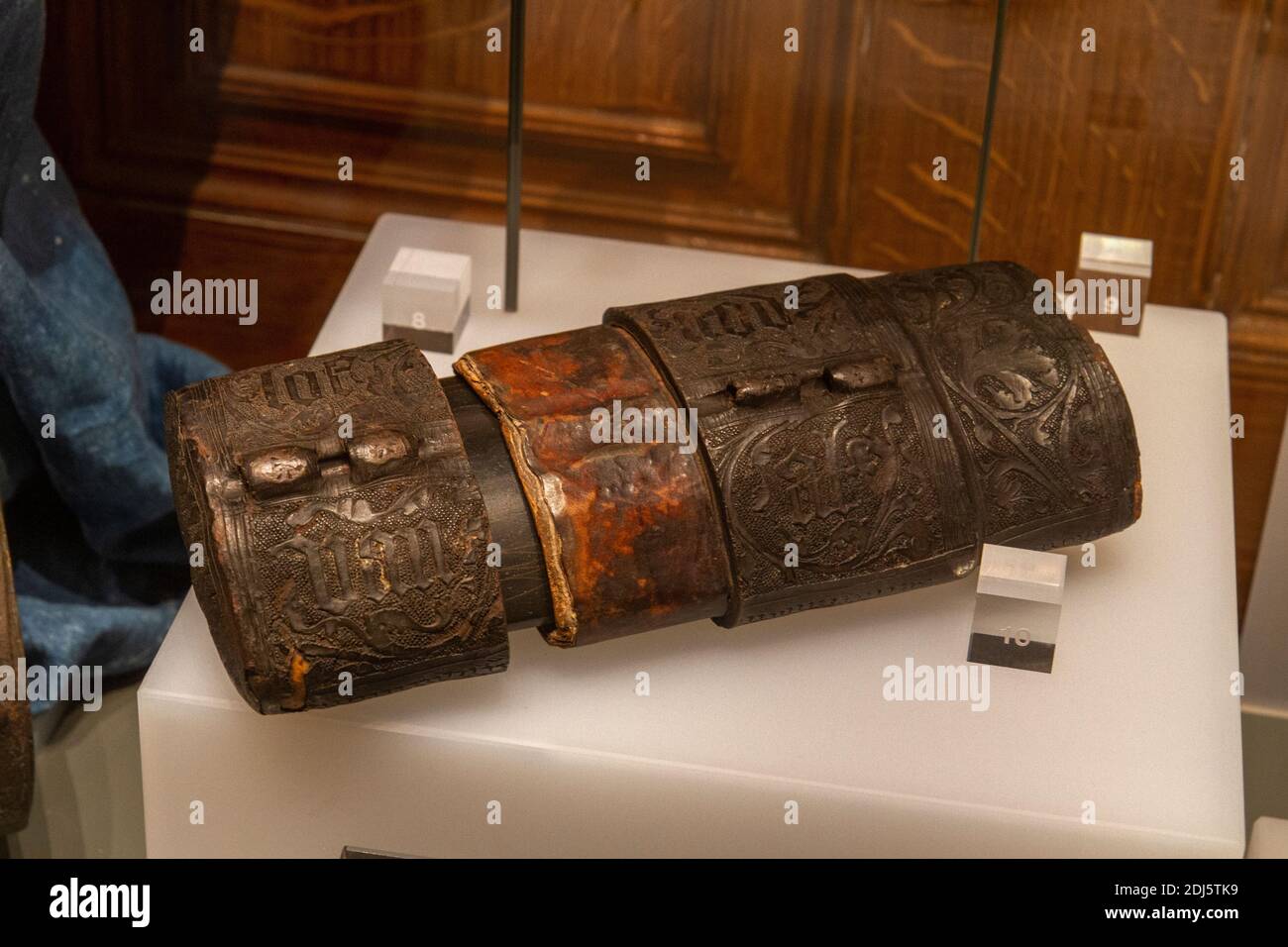 A 15th century Touchstone in a leather sheath, National Civil War Centre, Newark Museum, Newark-on-Trent, Notts, UK. Stock Photo