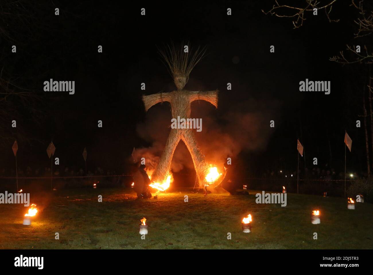 Burns a alight, A night time display of light and fire to celebrate Robert Burns Bith in January 1759, held at the Burn Monuments and Robert Burns Birthplace Museum, Alloway, Ayrshire, Scotland, UK.23 Jan 2016. The evening culminated in the burning of a wicker man Stock Photo