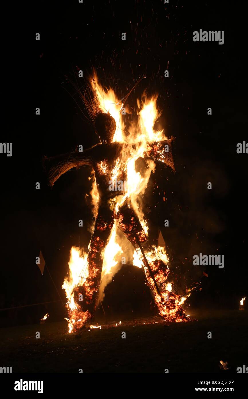 Burns a alight, A night time display of light and fire to celebrate Robert Burns Birth in January 1759, held at the Burns Monuments and Robert Burns Birthplace Museum, Alloway, Ayrshire, Scotland, UK.23 Jan 2016. The evening culminated in the burning of a wicker man Stock Photo