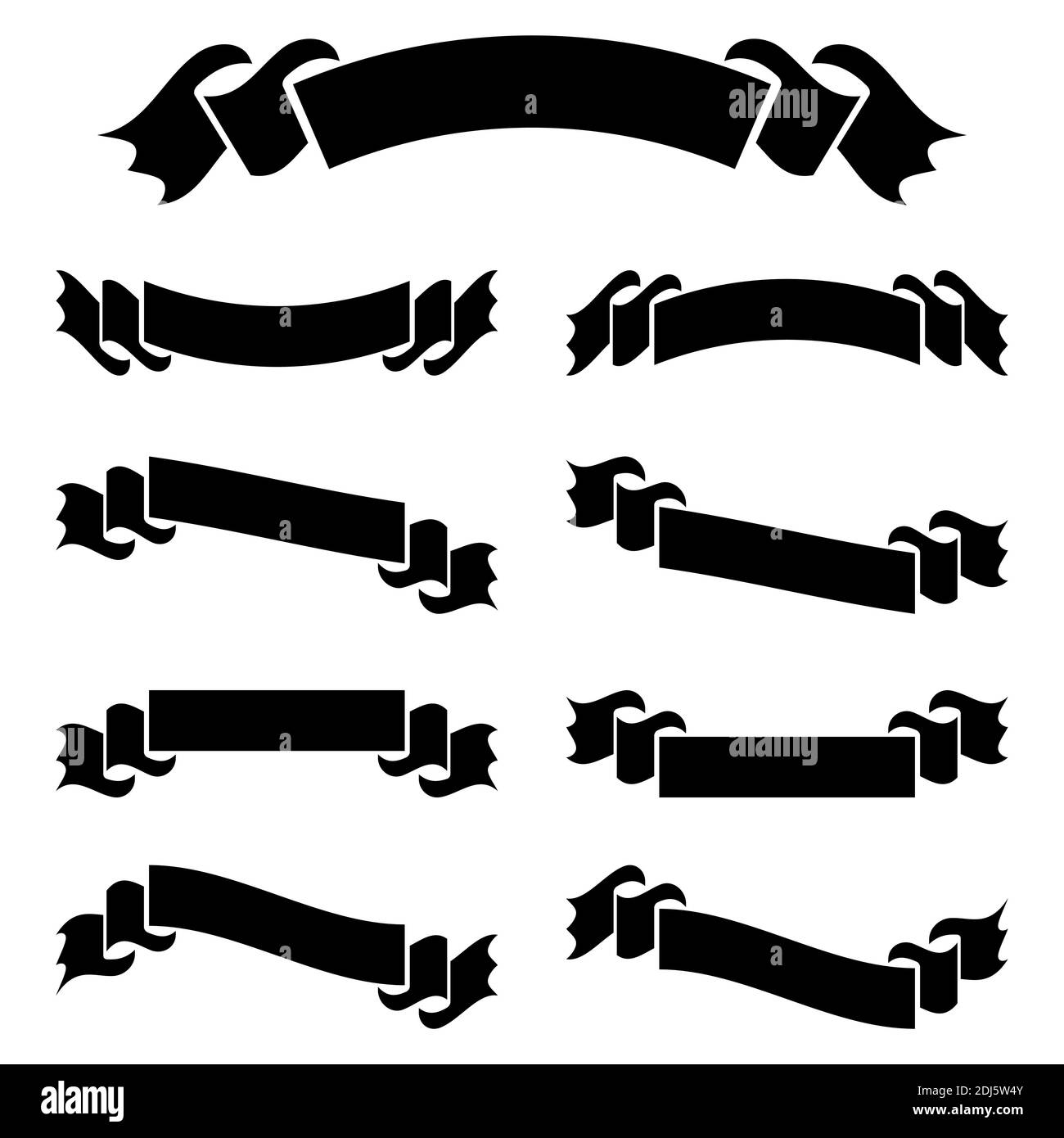 A set of flat black isolated silhouettes of ribbons banners on white ...