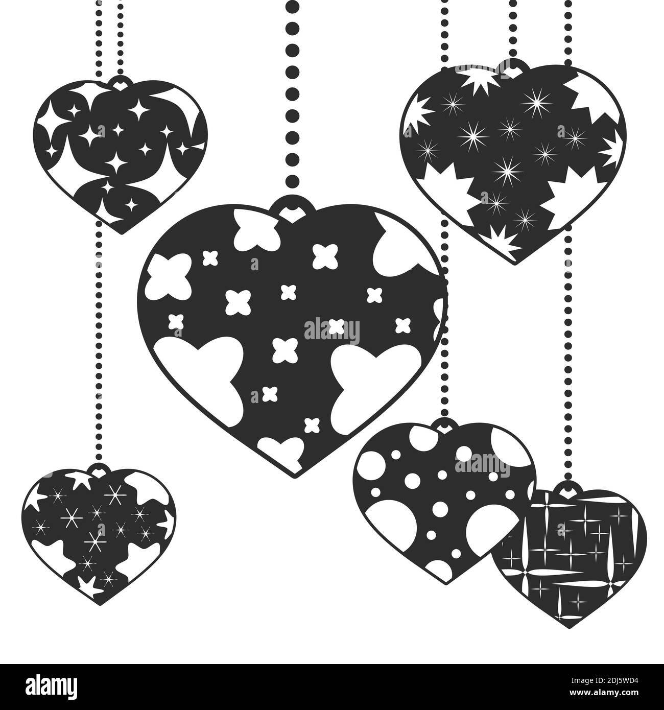 Set of black isolated silhouettes of cute pendant hearts on a white ...