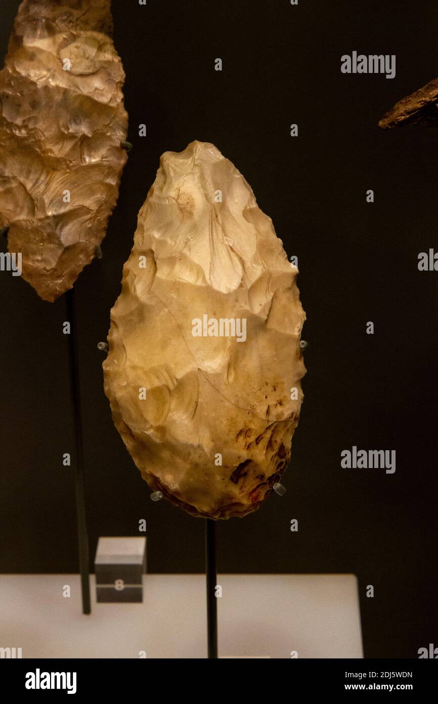 A Paleolithic hand axe on display in the National Civil War Centre, Newark Museum, Newark-on-Trent, Notts, UK. Stock Photo