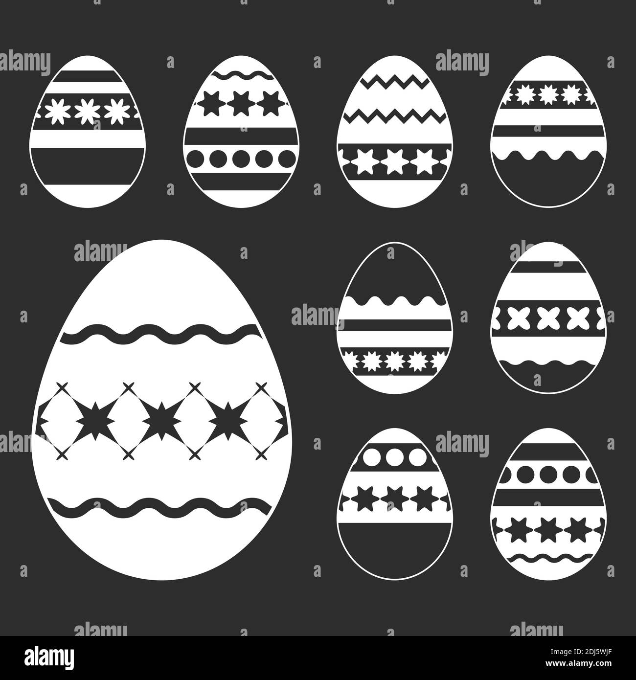 Set of white isolated Easter eggs on a black background. With an ...