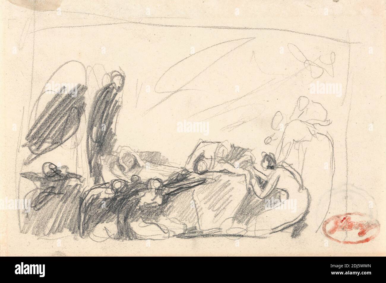 Birth of Man, George Romney, 1734–1802, British, undated, Graphite on medium, slightly textured, cream wove paper, Sheet: 4 3/4 x 7 inches (12.1 x 17.8 cm), birth, children, drama, historical subject Stock Photo