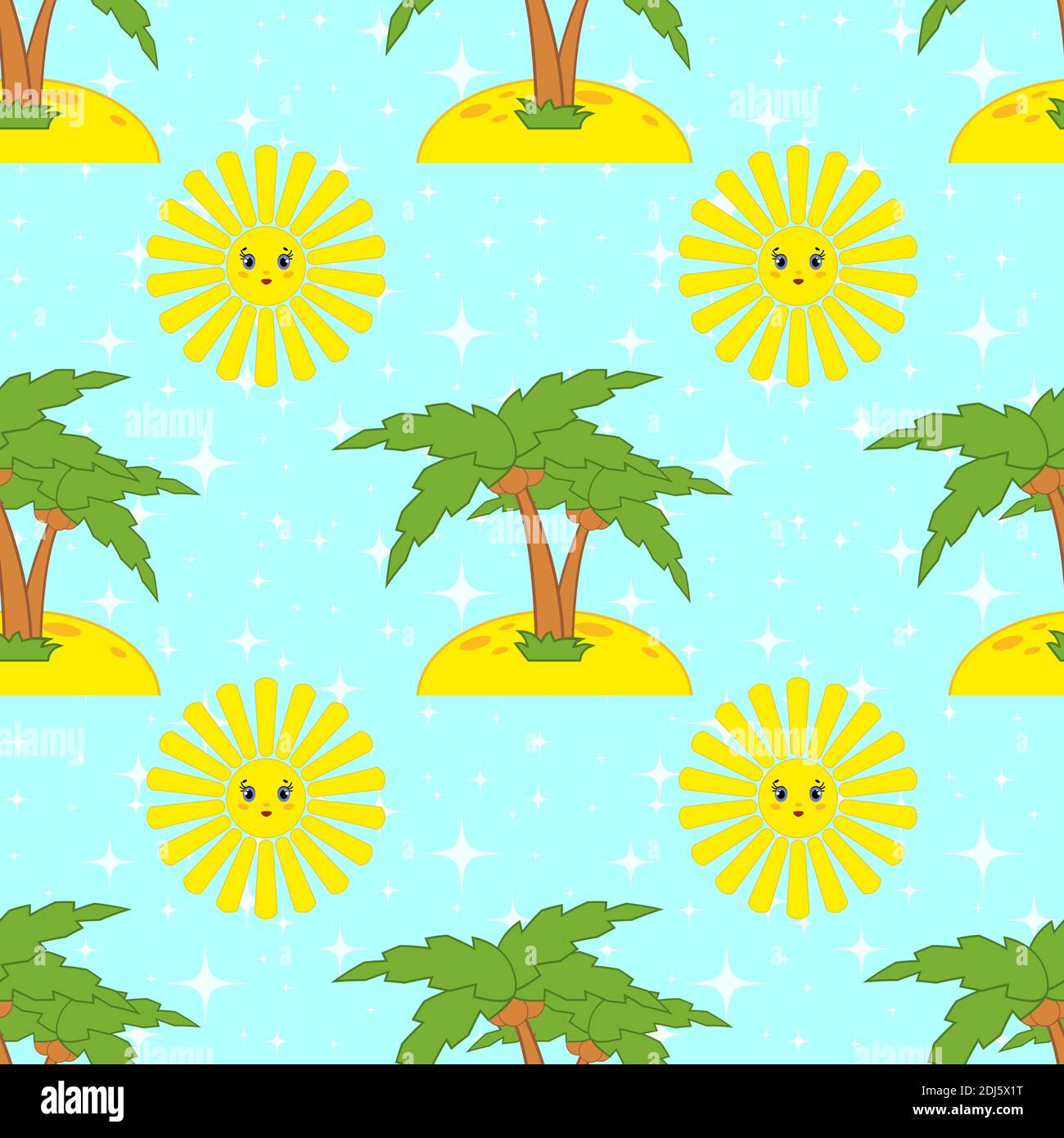 Colorful seamless pattern of sun and palm trees on a blue background. Simple flat vector illustration. For the design of paper wallpapers, fabric, wra Stock Vector