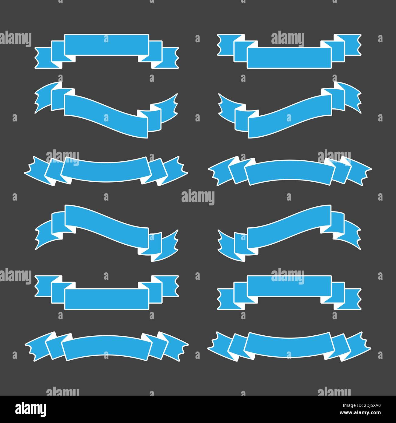 Set of blue isolated banner ribbons with white stroke on a black ...