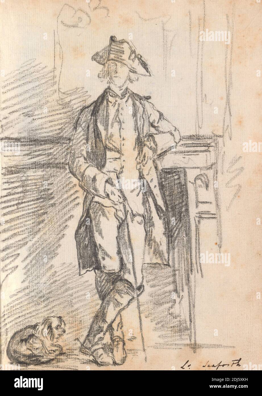 Lord Seaforth in a Tricorn Hat Leaning against a Mantelpiece, a Dog at His Feet, Thomas Patch, 1725–1782, British, 1760s, Black chalk on medium, slightly textured, cream laid paper bound in carta fiorentina, Sheet: 8 3/4 x 6 1/2 inches (22.2 x 16.5 cm) and Spine: 8 7/8 inches (22.5 cm), Grand Tour, portrait Stock Photo