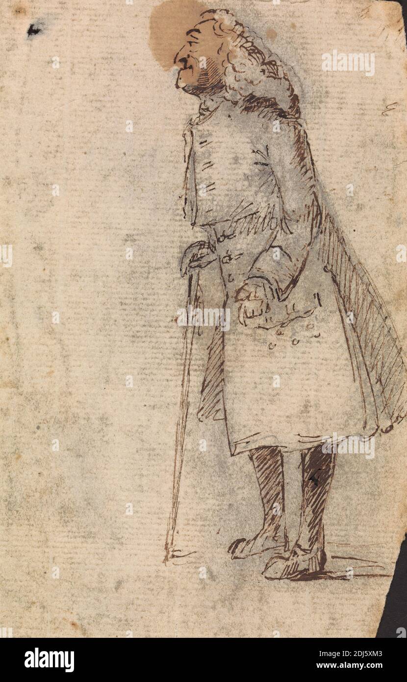 A Caricature Study of an Elderly Man, Standing, Holding a Walking Stick, Thomas Patch, 1725–1782, British, 1760s, Pen and brown ink and graphite on medium, slightly textured, cream laid paper bound in carta fiorentina, Sheet: 5 1/4 × 3 1/2 inches (13.3 × 8.9 cm), Grand Tour, portrait Stock Photo