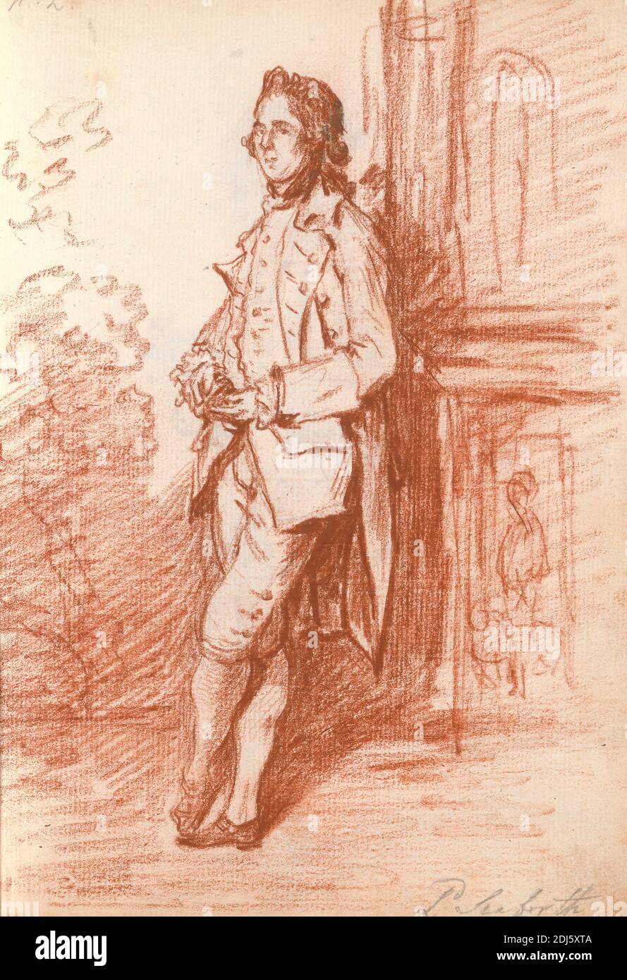 Lord Seaforth Standing, Leaning against a Pillar, Thomas Patch, 1725–1782, British, 1760s, Red chalk on medium, slightly textured, cream laid paper bound in carta fiorentina, Sheet: 8 3/4 x 6 1/2 inches (22.2 x 16.5 cm) and Spine: 8 7/8 inches (22.5 cm), Grand Tour, portrait Stock Photo