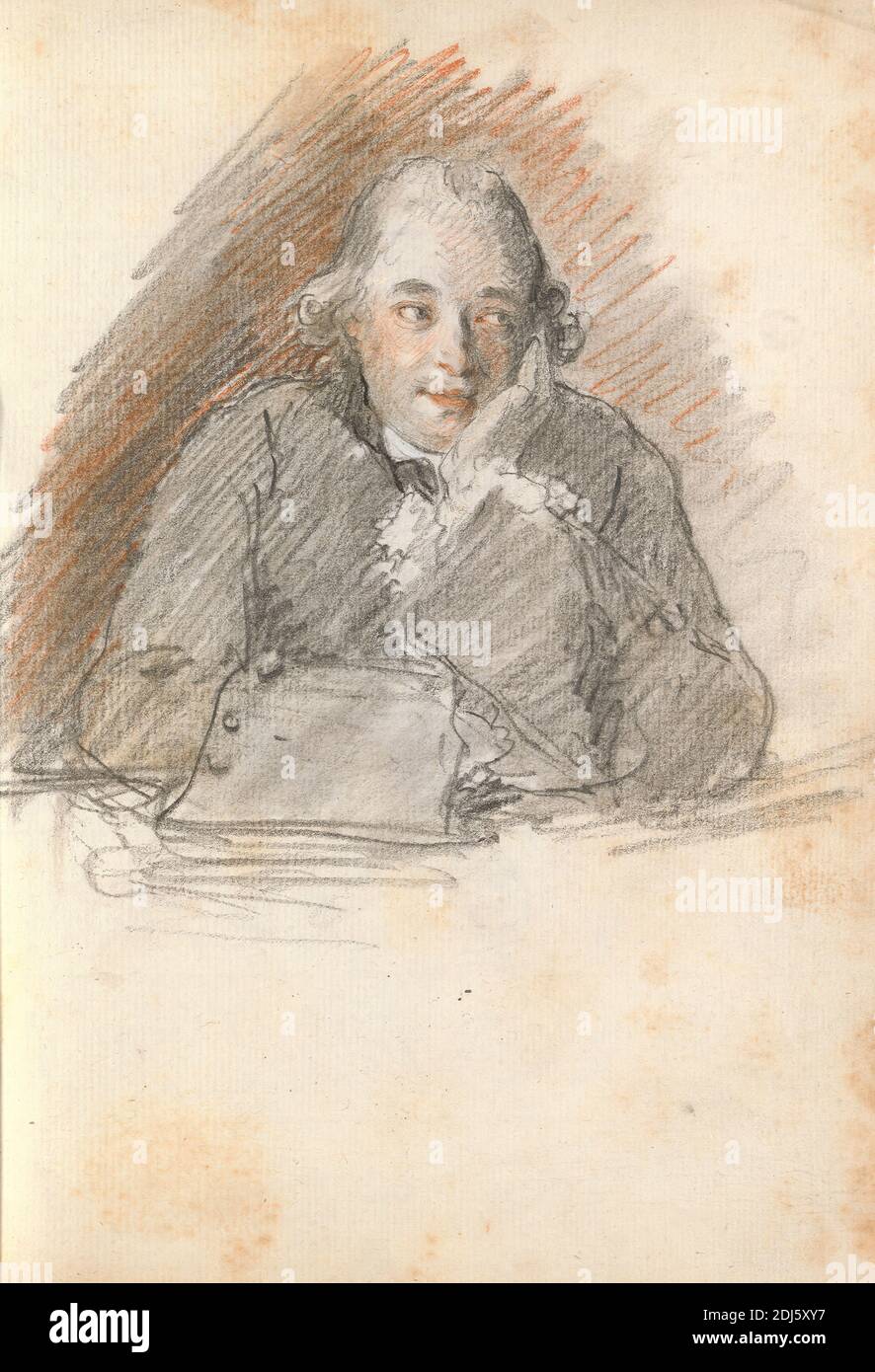 Head and Shoulders of a Man Seated at a Table, Resting His Head on His Left Hand, Thomas Patch, 1725–1782, British, 1760s, Black chalk and red chalk on medium, slightly textured, cream laid paper bound in carta fiorentina, Sheet: 8 3/4 x 6 1/2 inches (22.2 x 16.5 cm) and Spine: 8 7/8 inches (22.5 cm), Grand Tour, portrait Stock Photo
