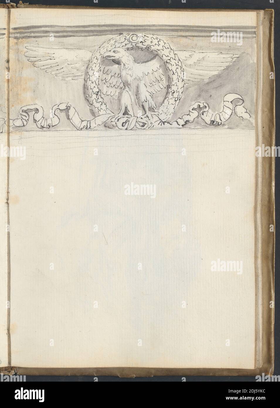 The Roman Imperial Eagle in an Oak Wreath, Church of SS. Apostoli, Rome, John Flaxman, 1755–1826, British, 1787, Graphite, pen and ink, and gray wash on medium, slightly textured, cream laid paper bound in vellum, Sheet: 8 5/8 x 6 inches (21.9 x 15.2 cm) and Spine: 9 inches (22.9 cm Stock Photo