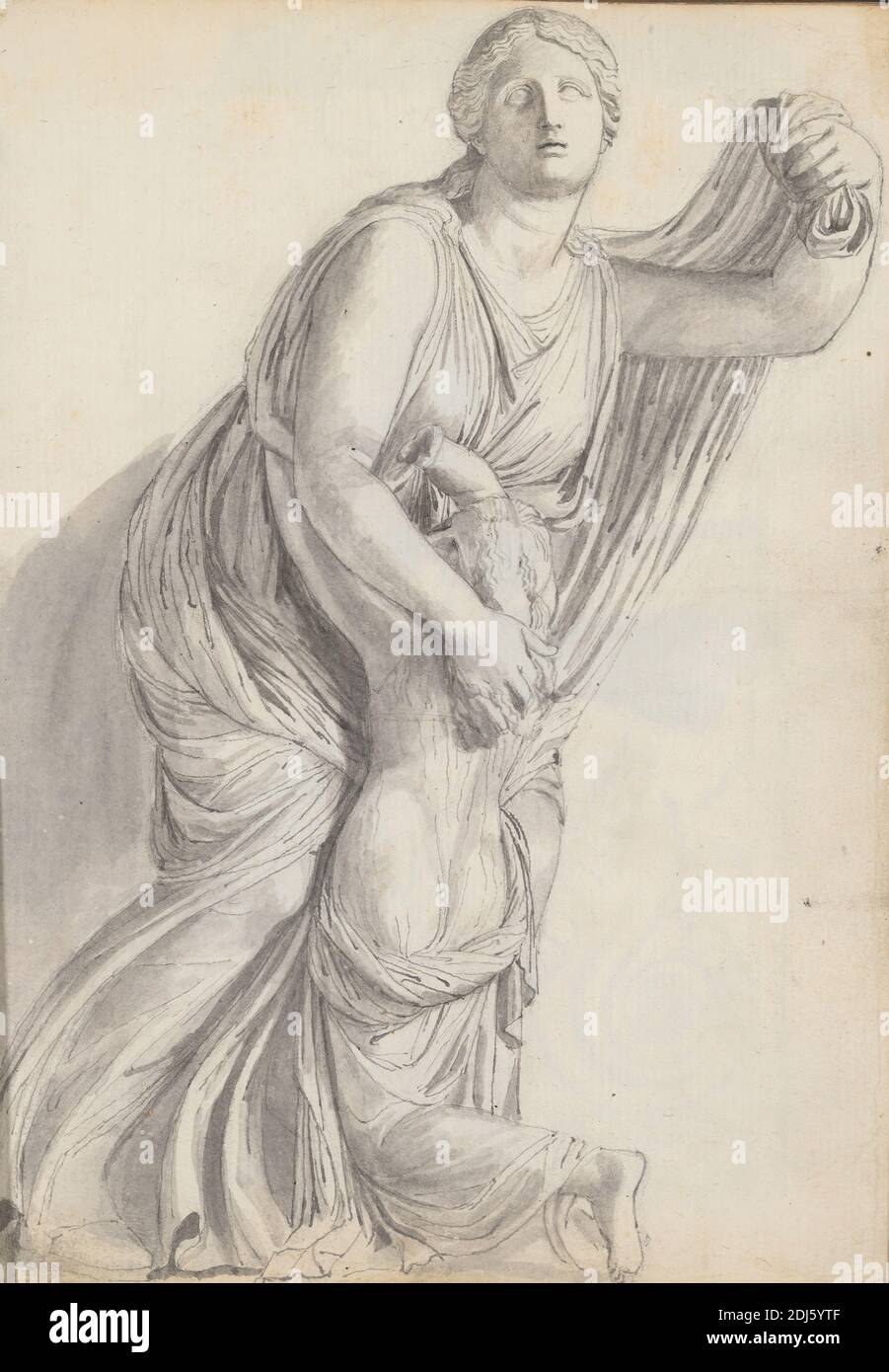 Study of Niobe With Her Youngest Daughter, from the Niobid Group, Villa Medici Gardens, Rome, John Flaxman, 1755–1826, British, 1787, Graphite, pen and black ink and gray wash on medium, slightly textured, cream laid paper bound in vellum, Sheet: 8 5/8 x 6 inches (21.9 x 15.2 cm) and Spine: 9 inches (22.9 cm Stock Photo