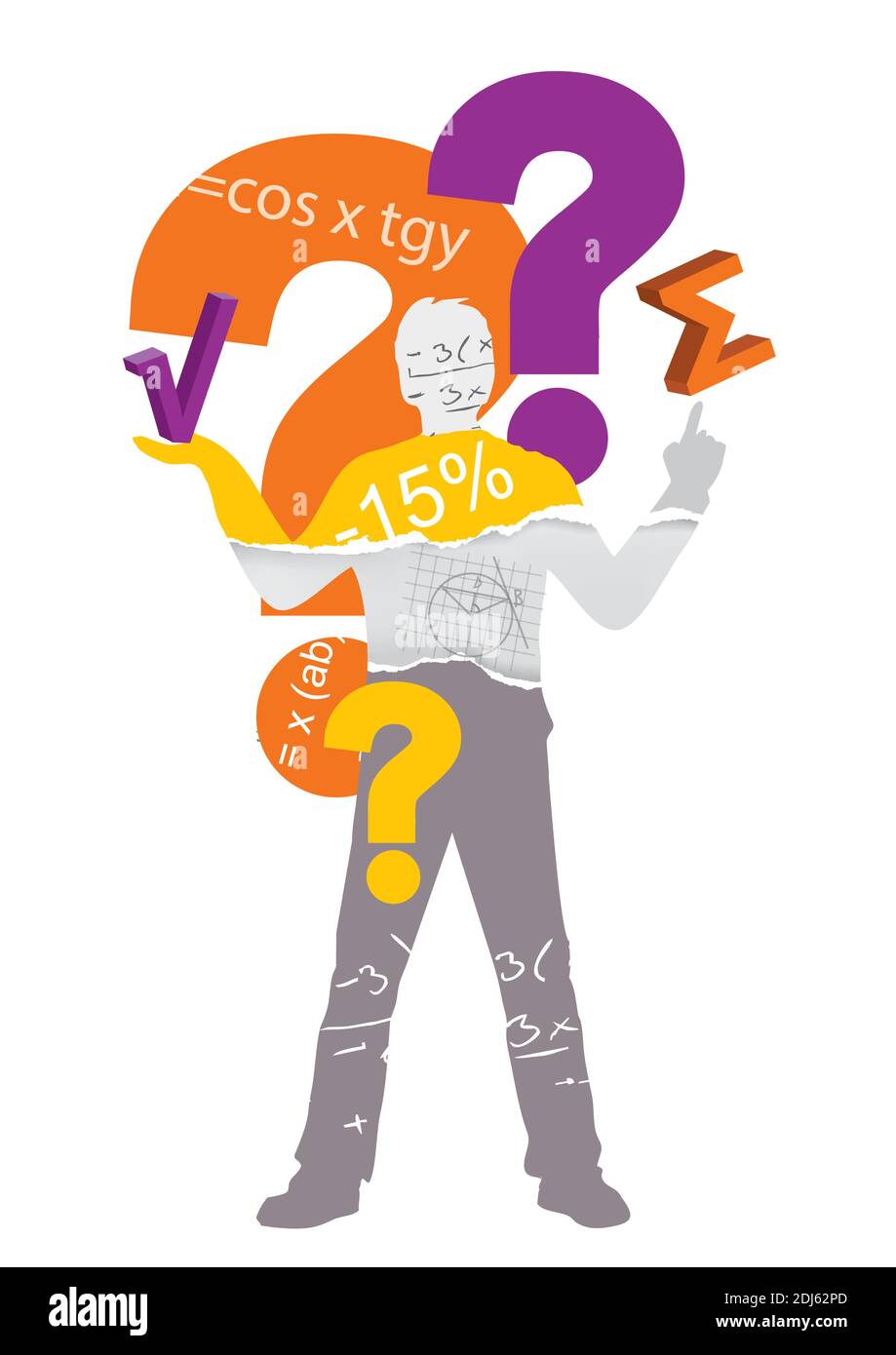 Mathematician, teacher, question mark. Illustration of stylized male silhouette with mathematical symbols and question marks. Vector available. Stock Vector