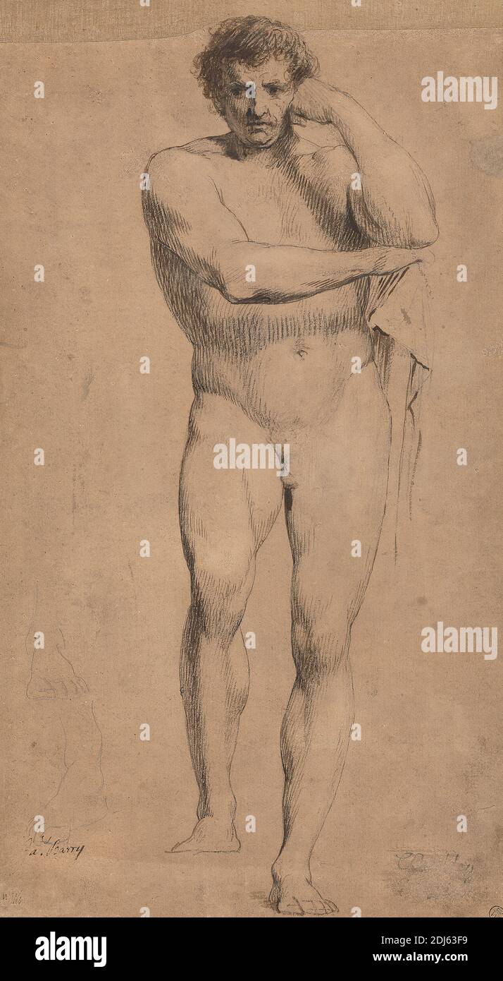 Study of Hercules for 'Crowning the Victors at Olympia', James Barry, 1741–1806, Irish, between 1777 and 1780, Pen and black ink with brown wash over black chalk on medium, moderately textured, brown wove paper, Sheet: 15 3/16 × 8 3/8 inches (38.6 × 21.3 cm), figure study, man, religious and mythological subject, winners, Greece, Olympia Stock Photo