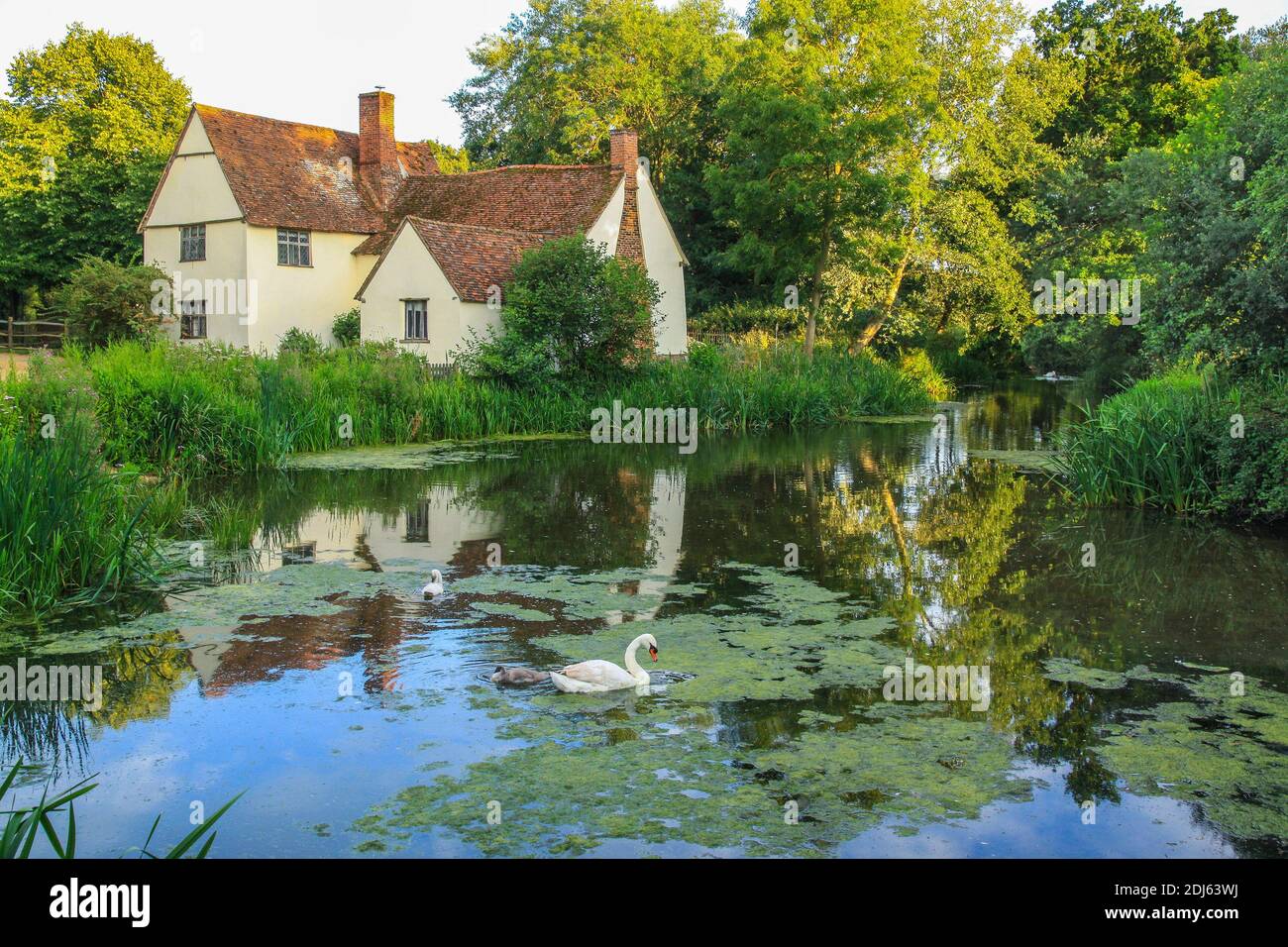 Willy Lott's house / cottage on the river Stour at Flatford mill East Bergholt Suffolk as seen in John Constable's Hay Wain Stock Photo