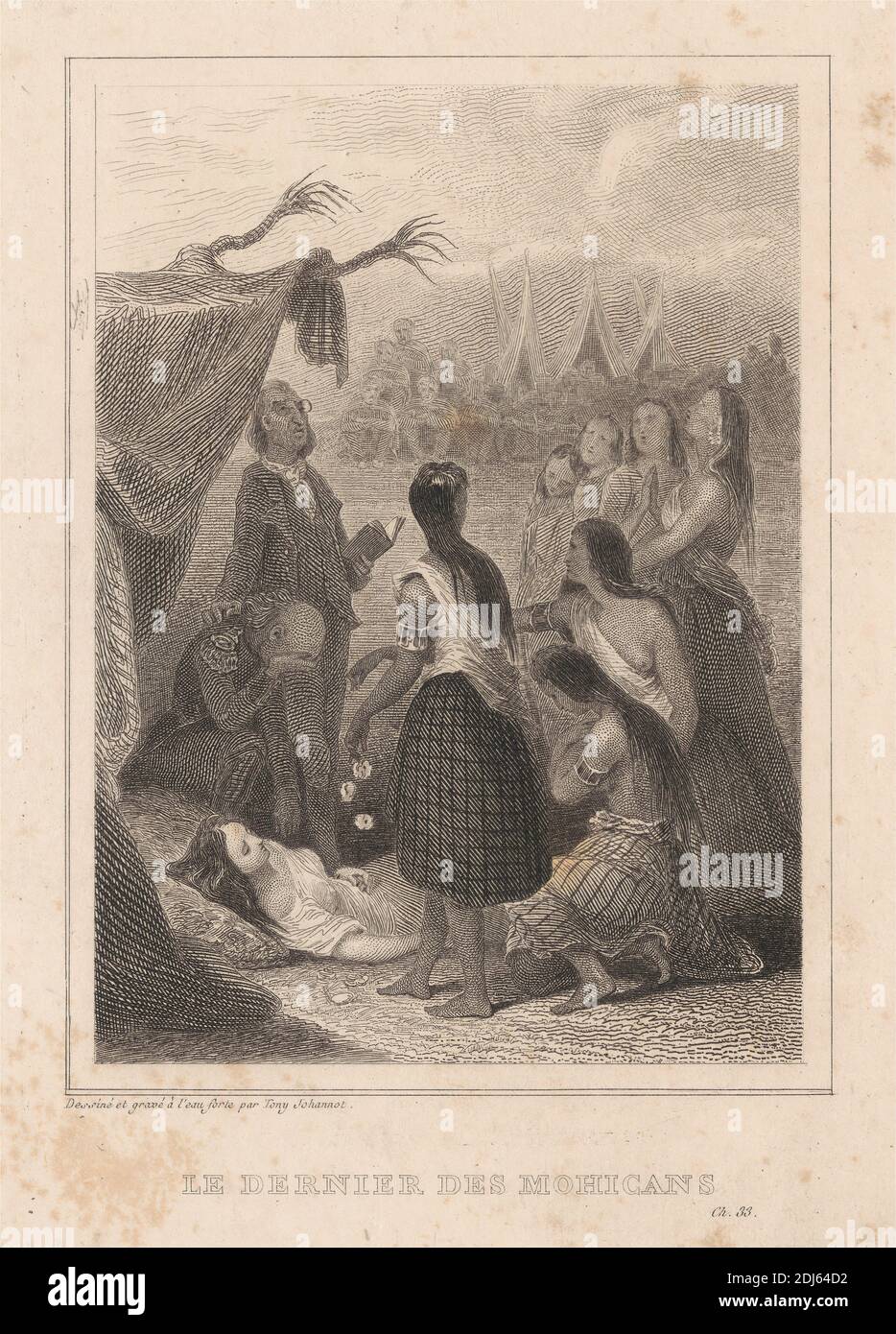 Le Dernier Des Mohicans, Print made by Tony Johannot, 1803–1852, French, undated, Line engraving on medium, slightly textured, cream wove paper Stock Photo