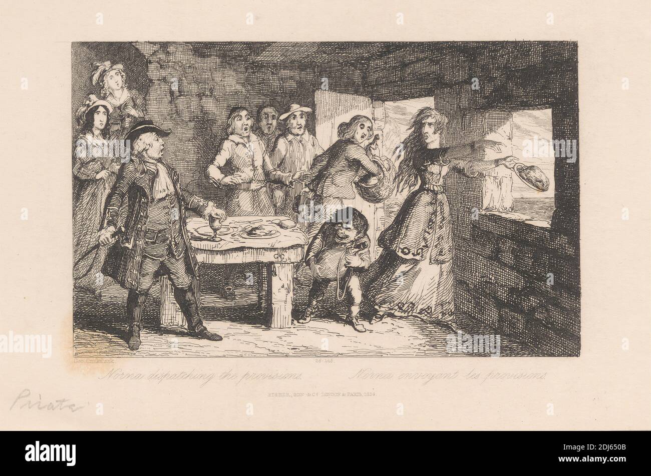 Norma Dispatching the Provisions, Print made by George Cruikshank, 1792–1878, British, 1838, Etching on medium, slightly textured, cream wove paper Stock Photo