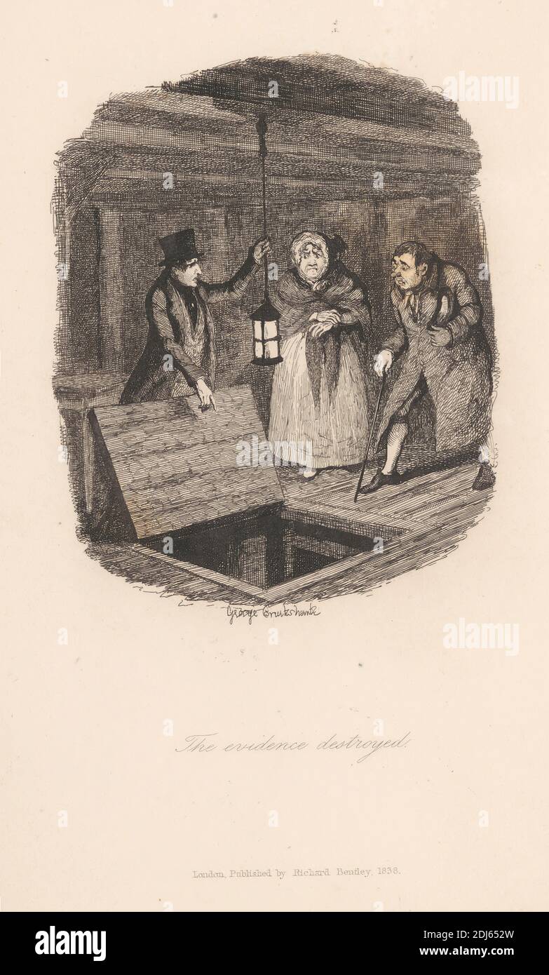 The Evidence Destroyed, Print made by George Cruikshank, 1792–1878, British, 1838, Etching on medium, slightly textured, cream wove paper Stock Photo