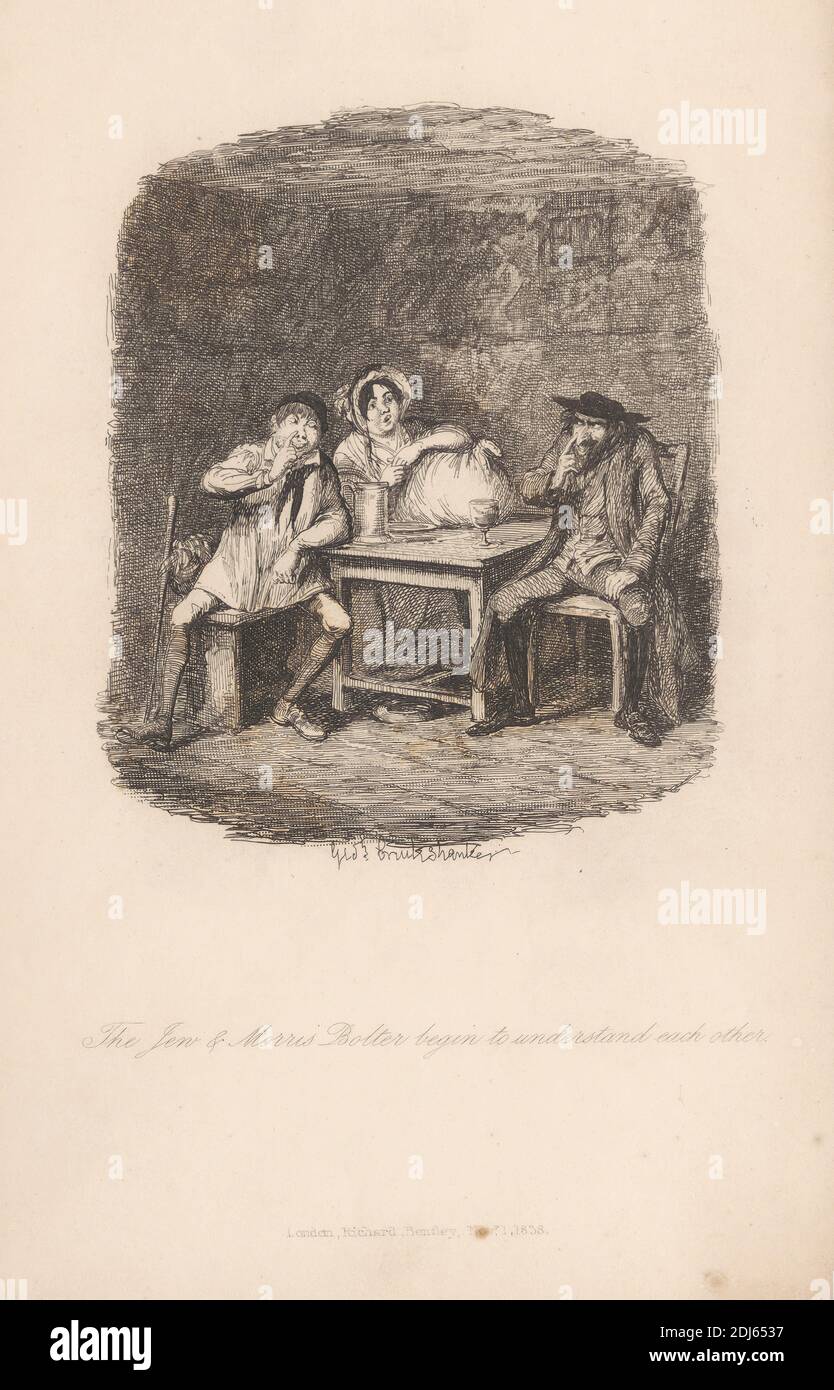 The Jew & Morris Bolter Begin to Understand Each Other, Print made by George Cruikshank, 1792–1878, British, 1838, Etching on medium, slightly textured, cream wove paper Stock Photo