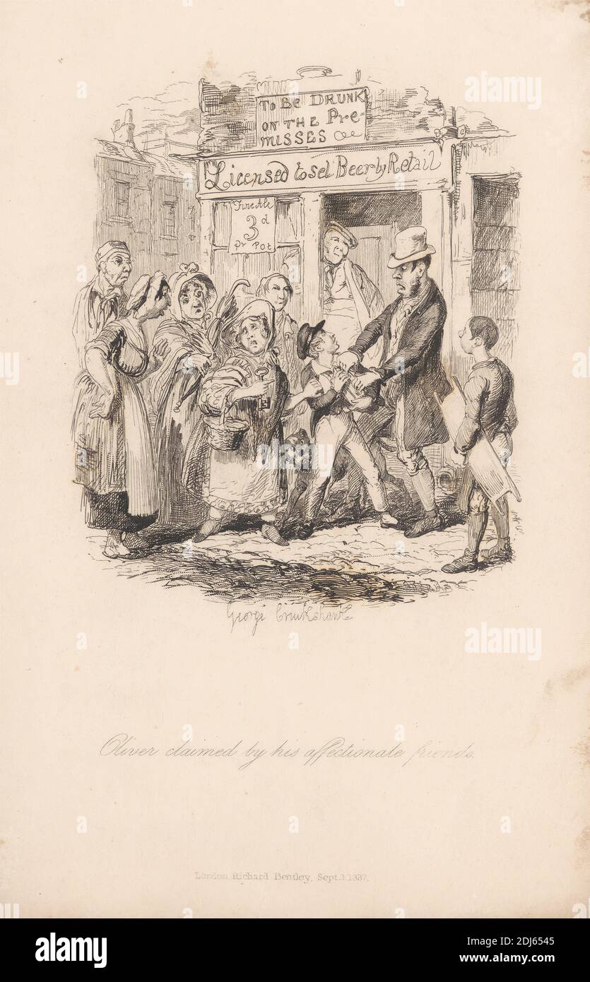 Oliver Claimed by his Affectionate Friends, Print made by George Cruikshank, 1792–1878, British, 1837, Etching on medium, slightly textured, cream wove paper Stock Photo