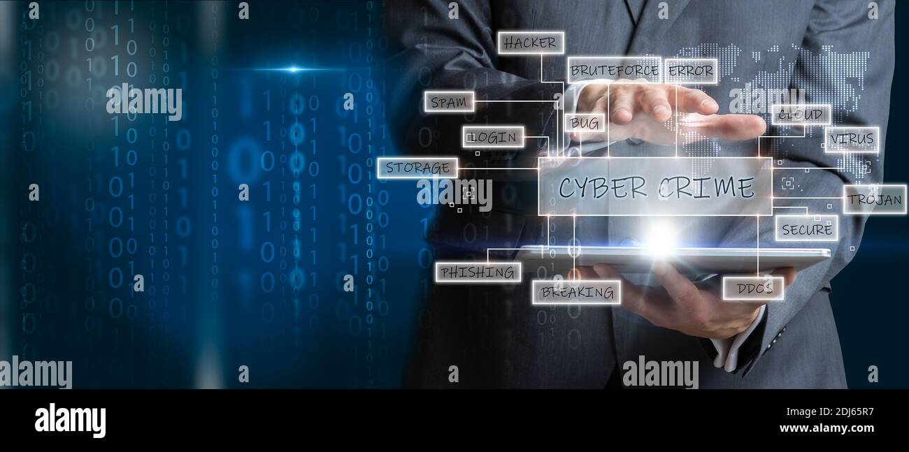 Business man with icon Cyber crime and protecting data personal information on tablet. Internet technology networking connection. Data protection priv Stock Photo