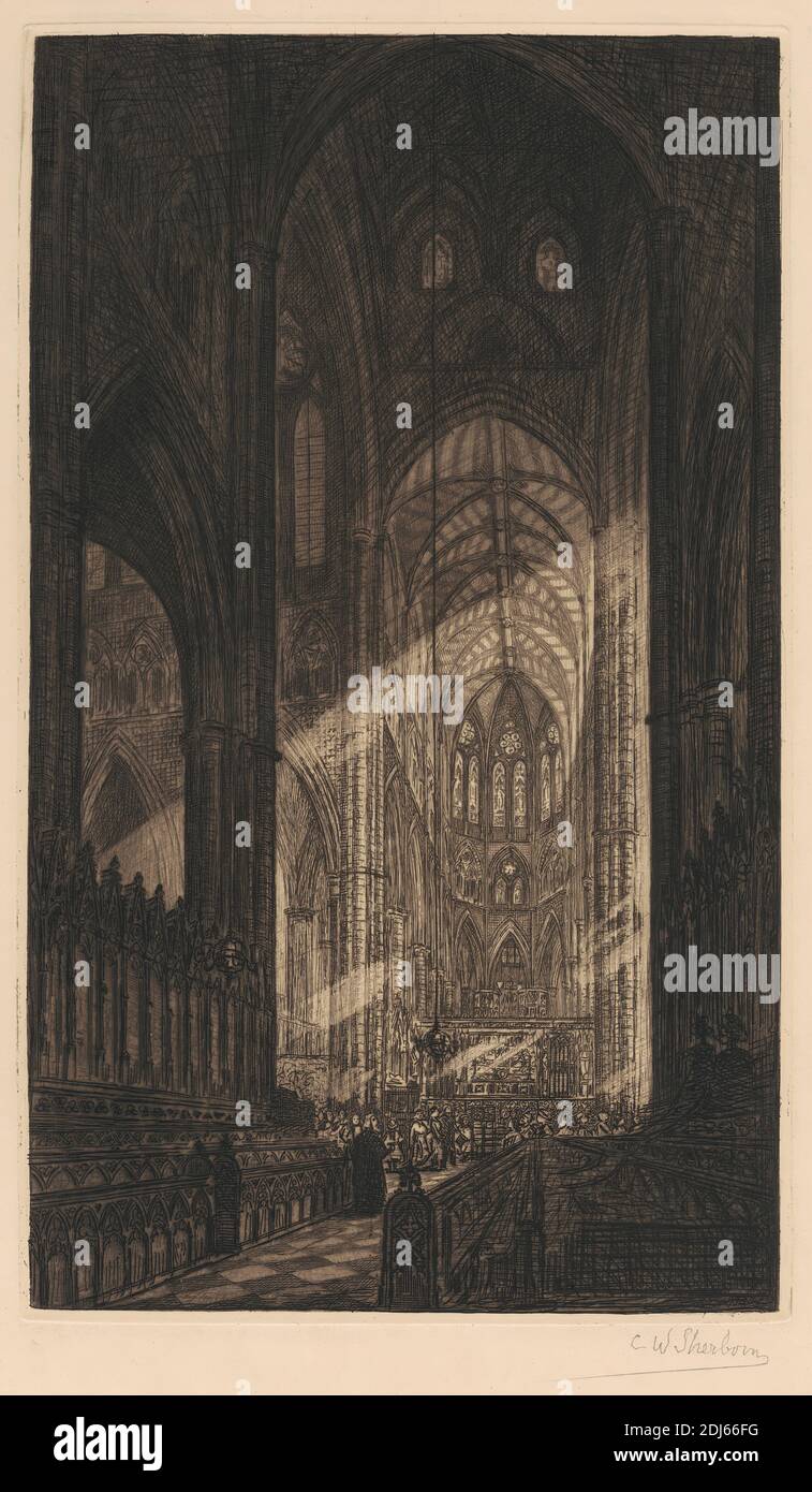 Westminster Abbey, Print made by Charles William Sherborn, 1831–1912, British, 1877, Etching on medium, slightly textured, cream wove paper Stock Photo