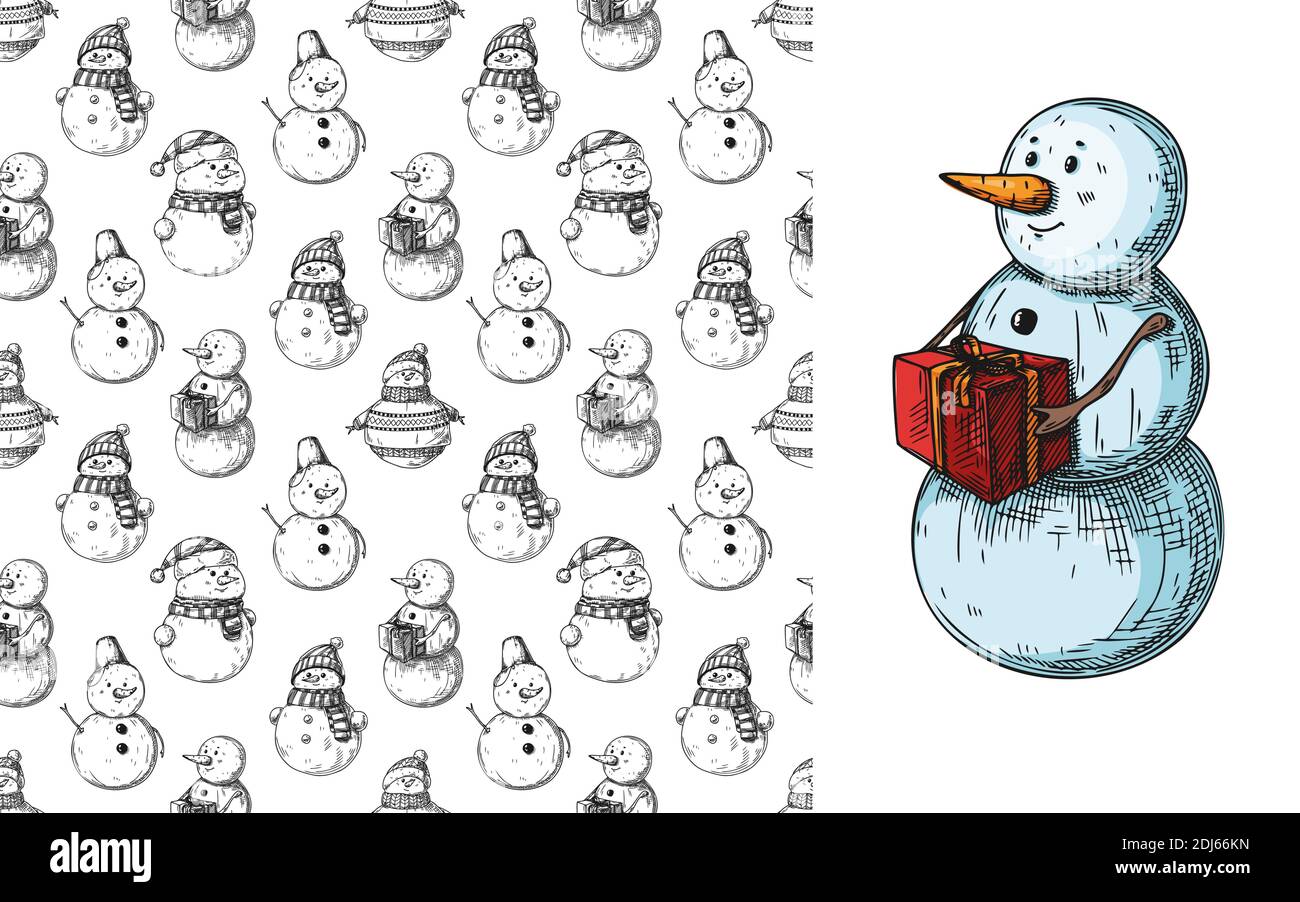 Christmas seamless pattern with snowmans. Sketch, vector Stock Vector