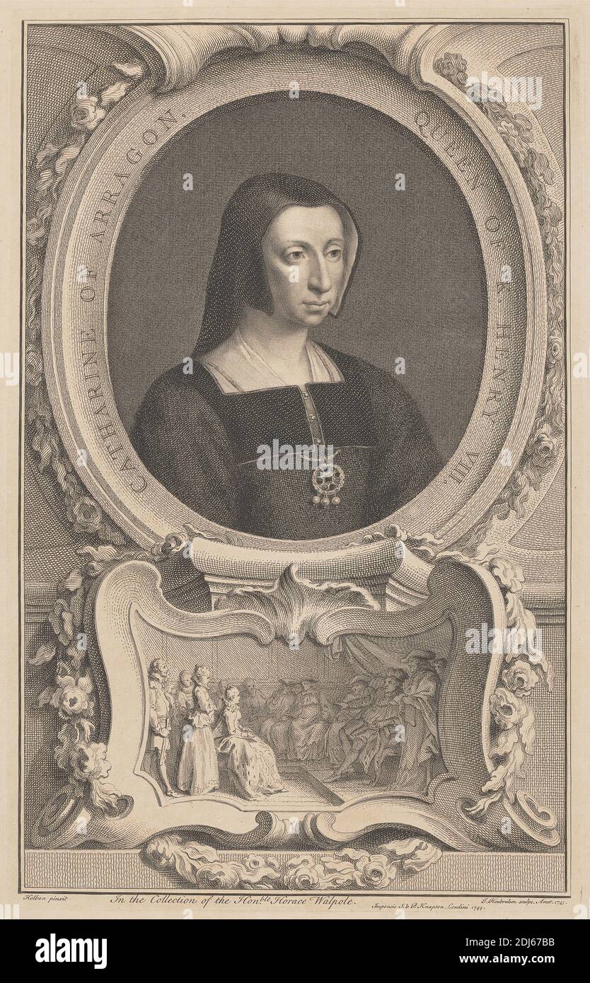 Catherine of Aragon, Queen of King Henry VII, Print made by Jacobus Houbraken, 1698–1780, Dutch, after Hans Holbein the Younger, ca. 1497–1543, German, active in Switzerland and England, 1744, Line engraving on medium, slightly textured, cream laid paper Stock Photo