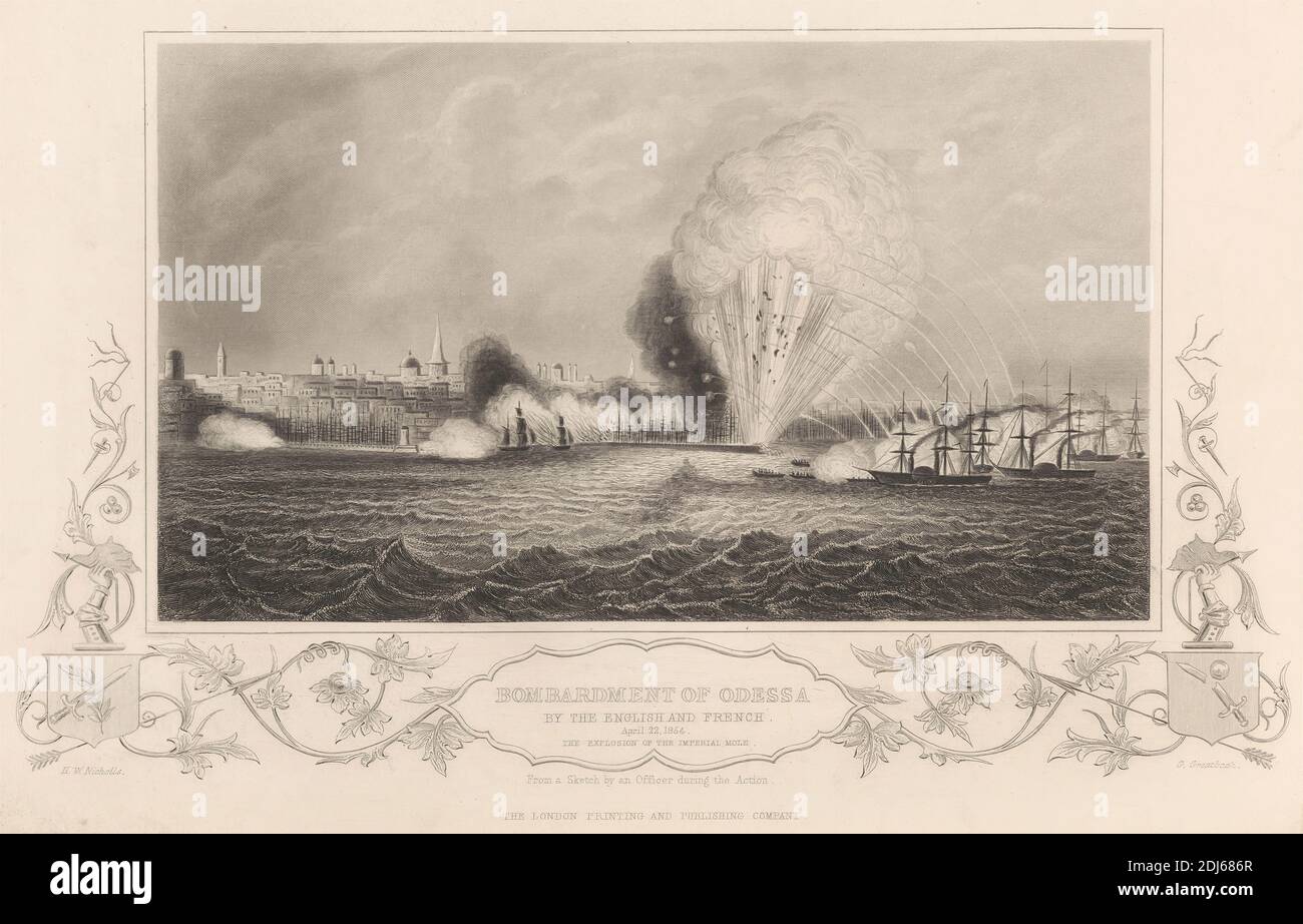 Bombardment of Odessa, Print made by William Greatbach, Born 1802, British, Published by The London Printing and Publishing Company, 1854, Line engraving on medium, slightly textured, cream wove paper Stock Photo