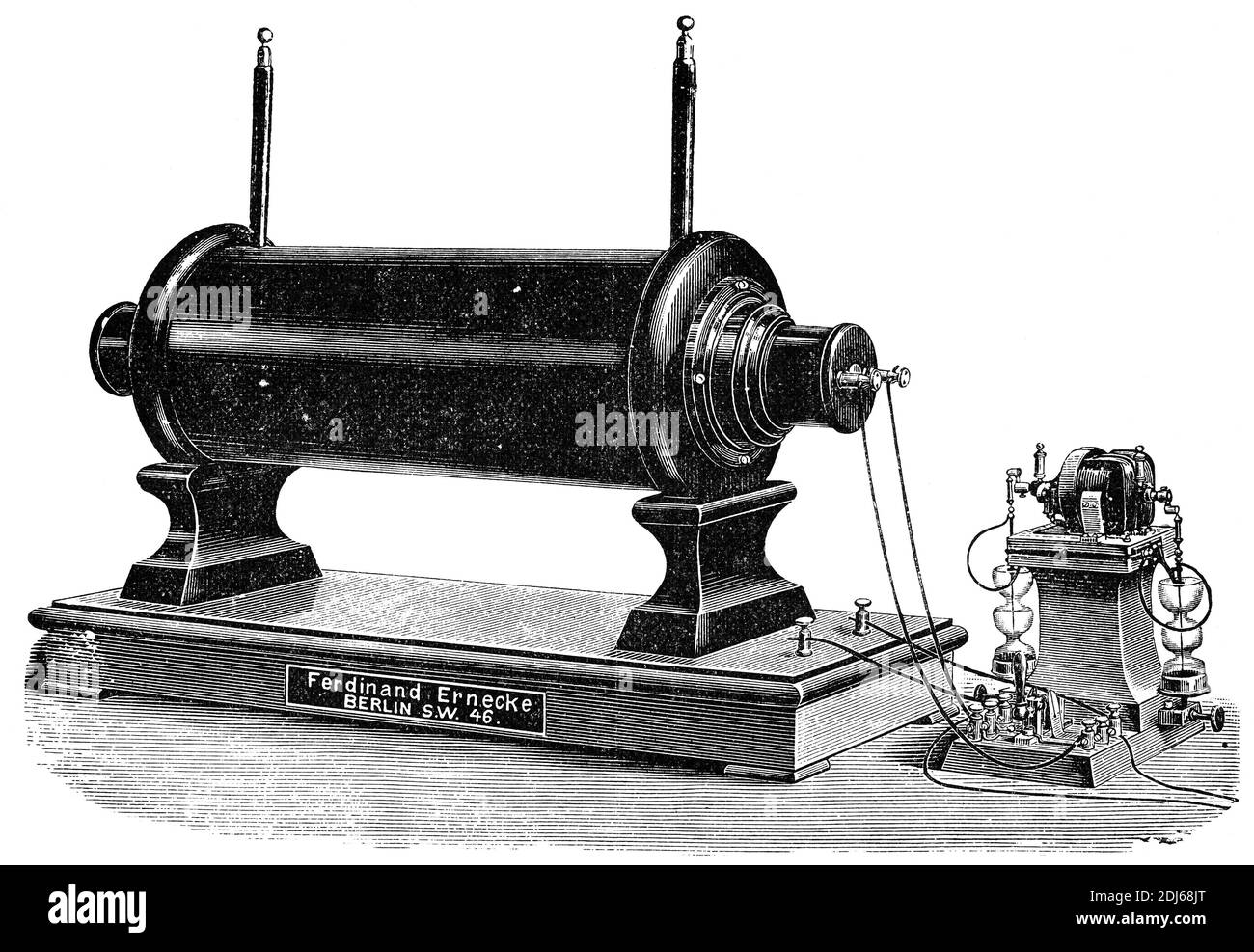 Induction coil (an inductorium or Ruhmkorff coil). System of Ferdindnd Ernecke. Illustration of the 19th century. Germany. White background. Stock Photo
